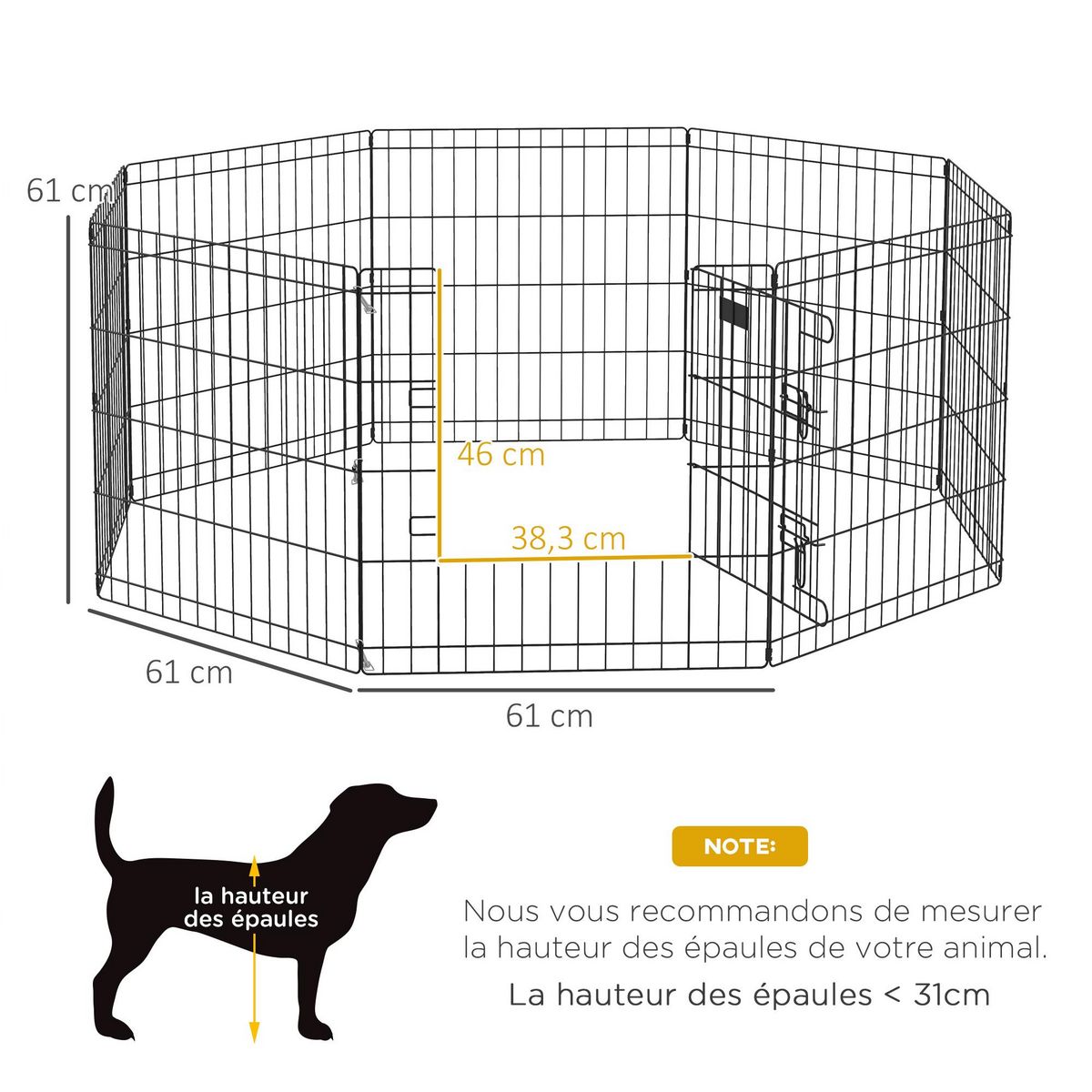 PAWHUT Parc enclos modulable pour chien animaux porte verrouillable 8 panneaux dim. panneau 61L x 61H cm métal noir