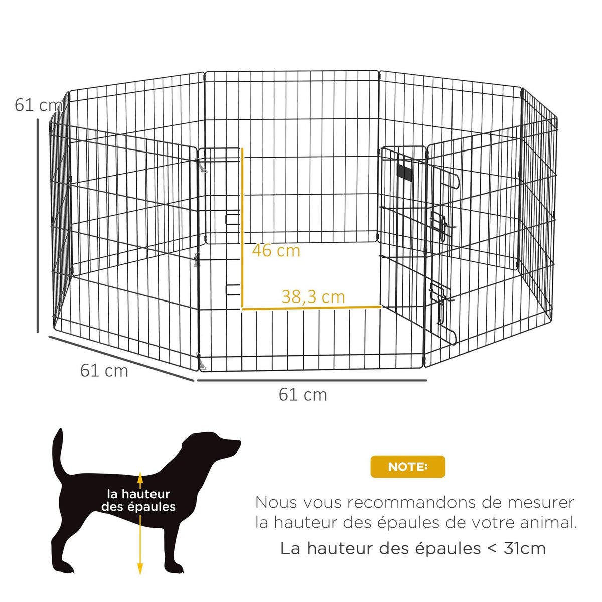 PAWHUT Parc enclos modulable pour chien animaux porte verrouillable 8 panneaux dim. panneau 61L x 61H cm métal noir