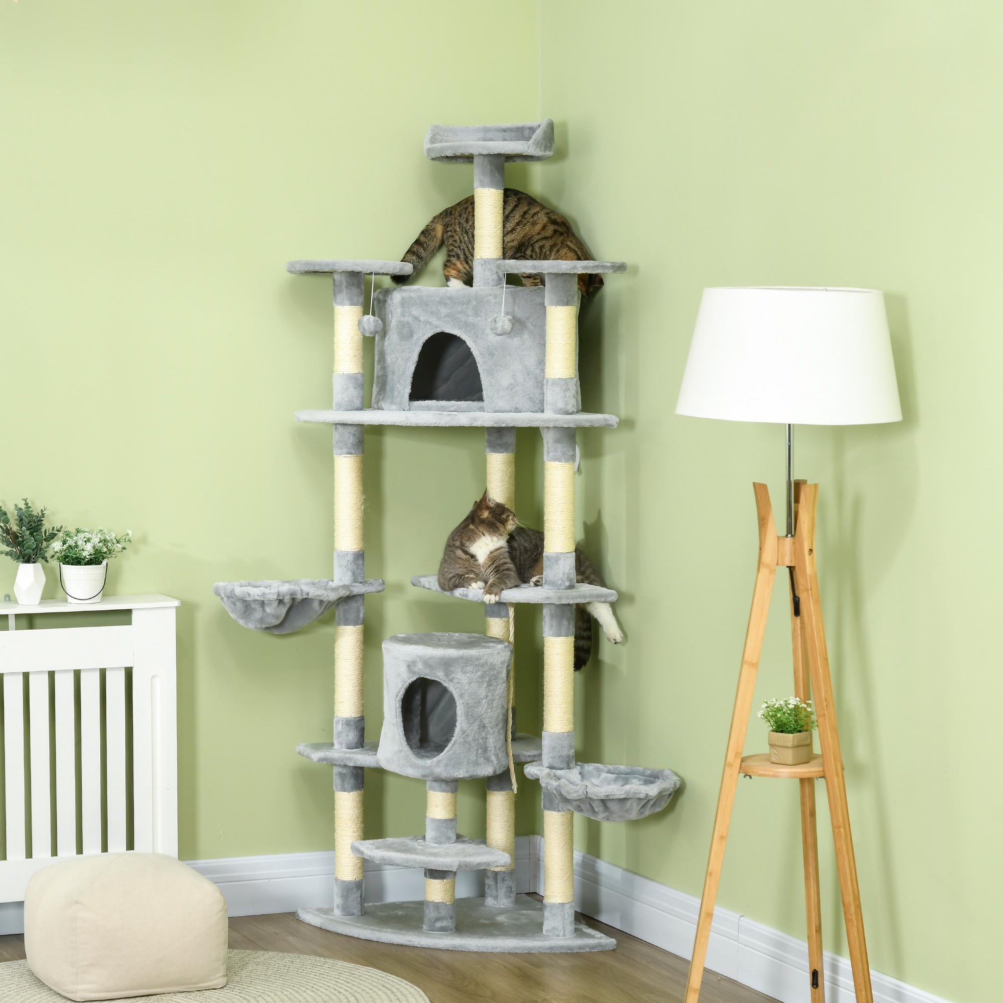 Voir la diapositive 2 : PAWHUT Arbre à chat multi-équipement griffoirs 2 niches 2 hamacs plateformes boules suspendues corde peluche grise