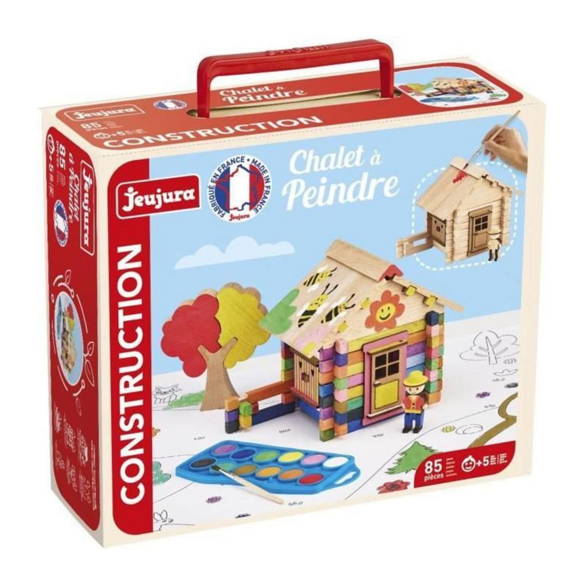JeuJura Chalet a Peindre 85 Pieces - JEUJURA - Jeu de Construction en Bois Naturel, Accessoires et Peinture Inclus, 26x24x9 cm