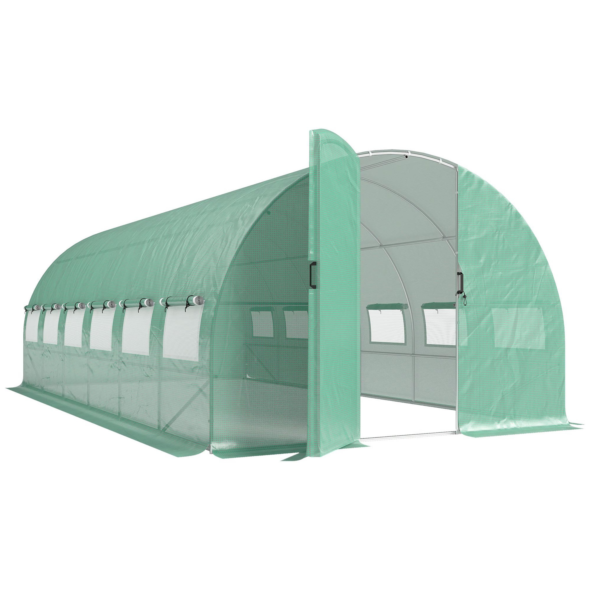 OUTSUNNY Serre tunnel de jardin 18 m² porte 12 fenêtres enroulables acier PE vert