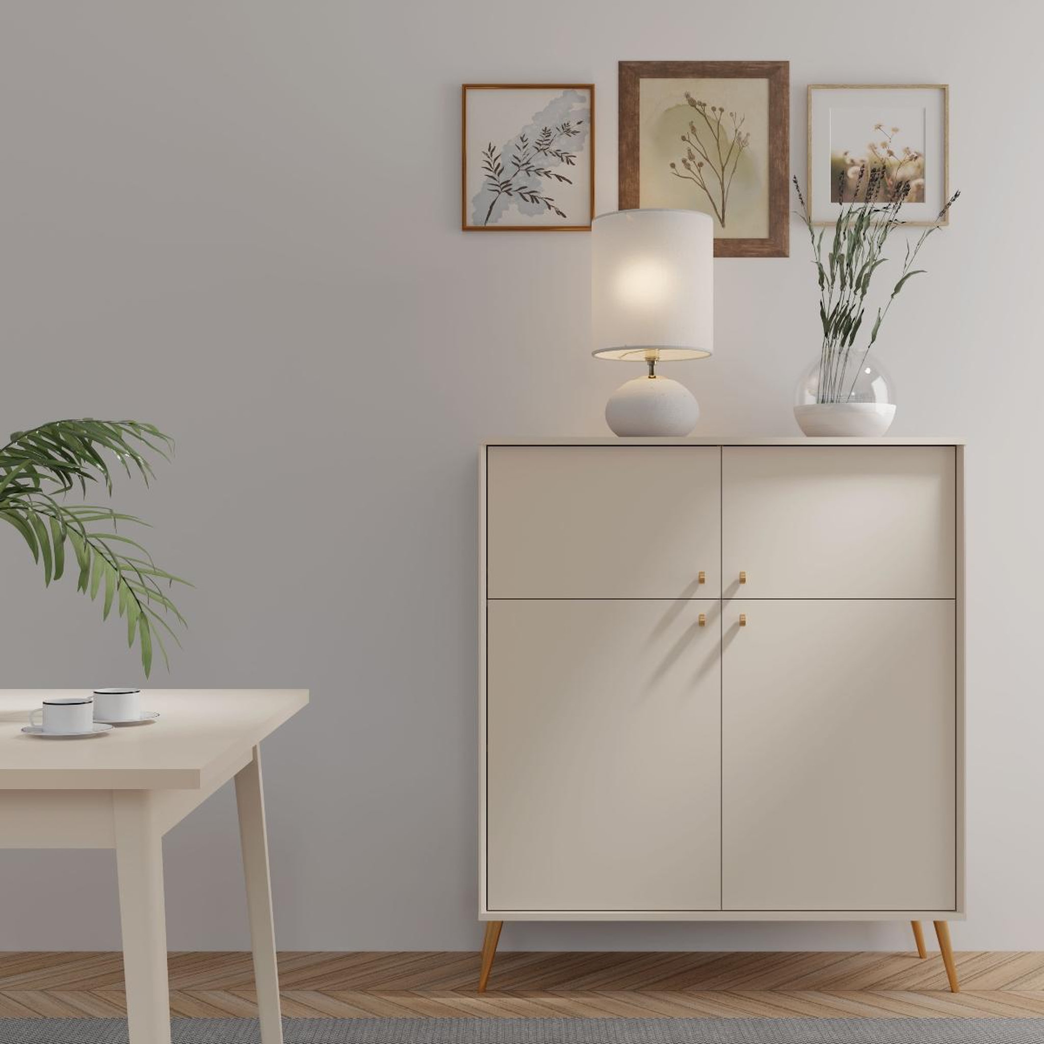 Voir la diapositive 2 : JLC KREATION Buffet haut moderne 4 portes beige et pied doré ezia