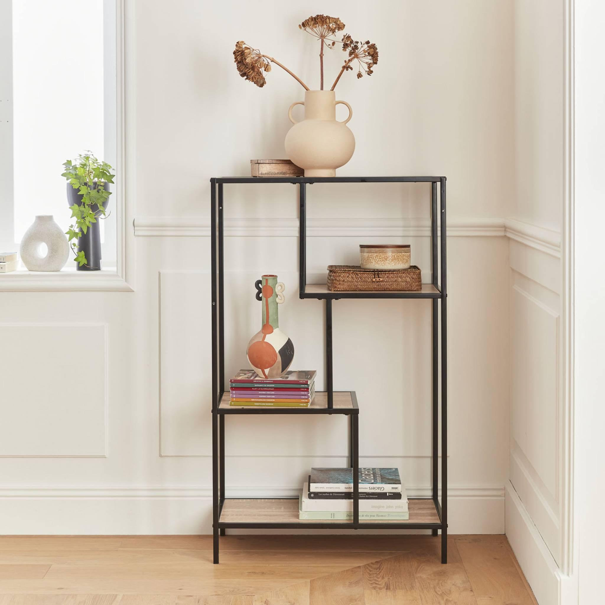 Voir la diapositive 2 : SWEEEK Etagère en métal noir et décor bois - Loft - bibliothèque 4 niveaux. L 69 x l 33 x H 113.5cm