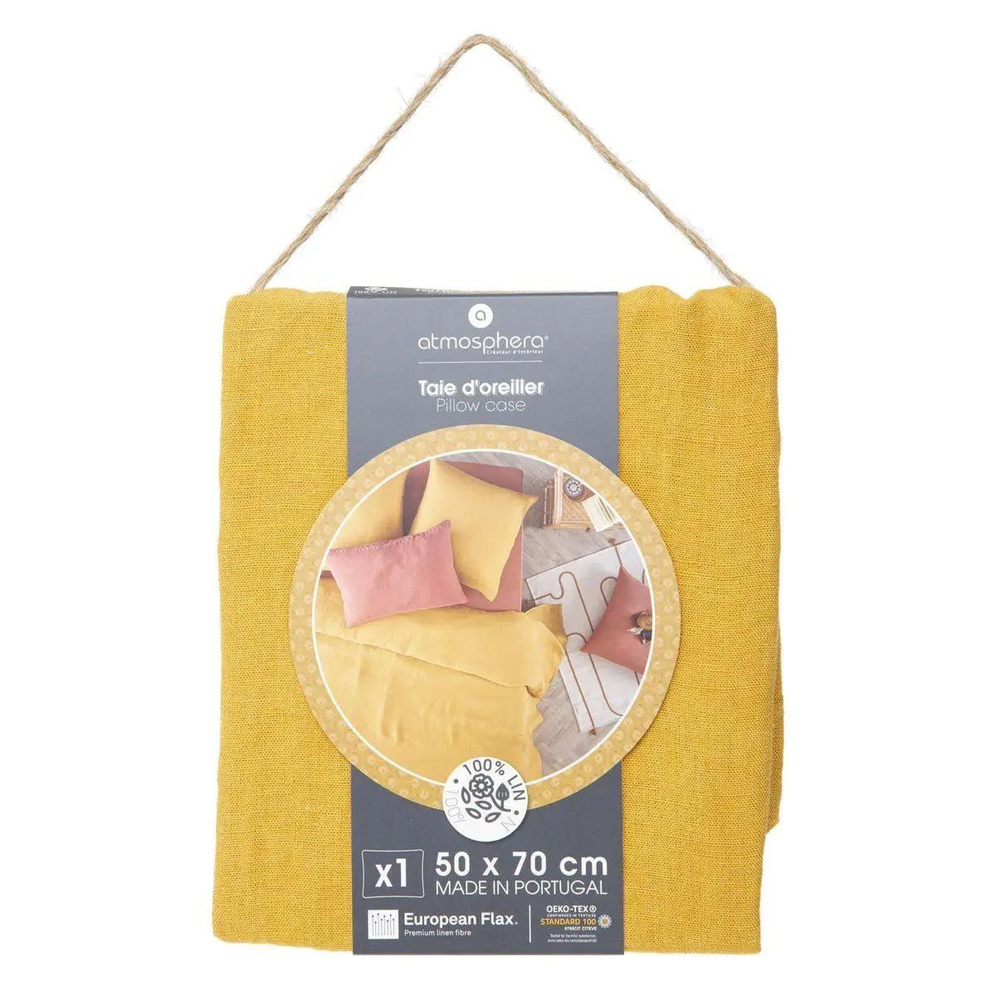 Voir la diapositive 3 : ATMOSPHERA Taie d'oreiller en lin  adorable  50x70cm jaune ocre