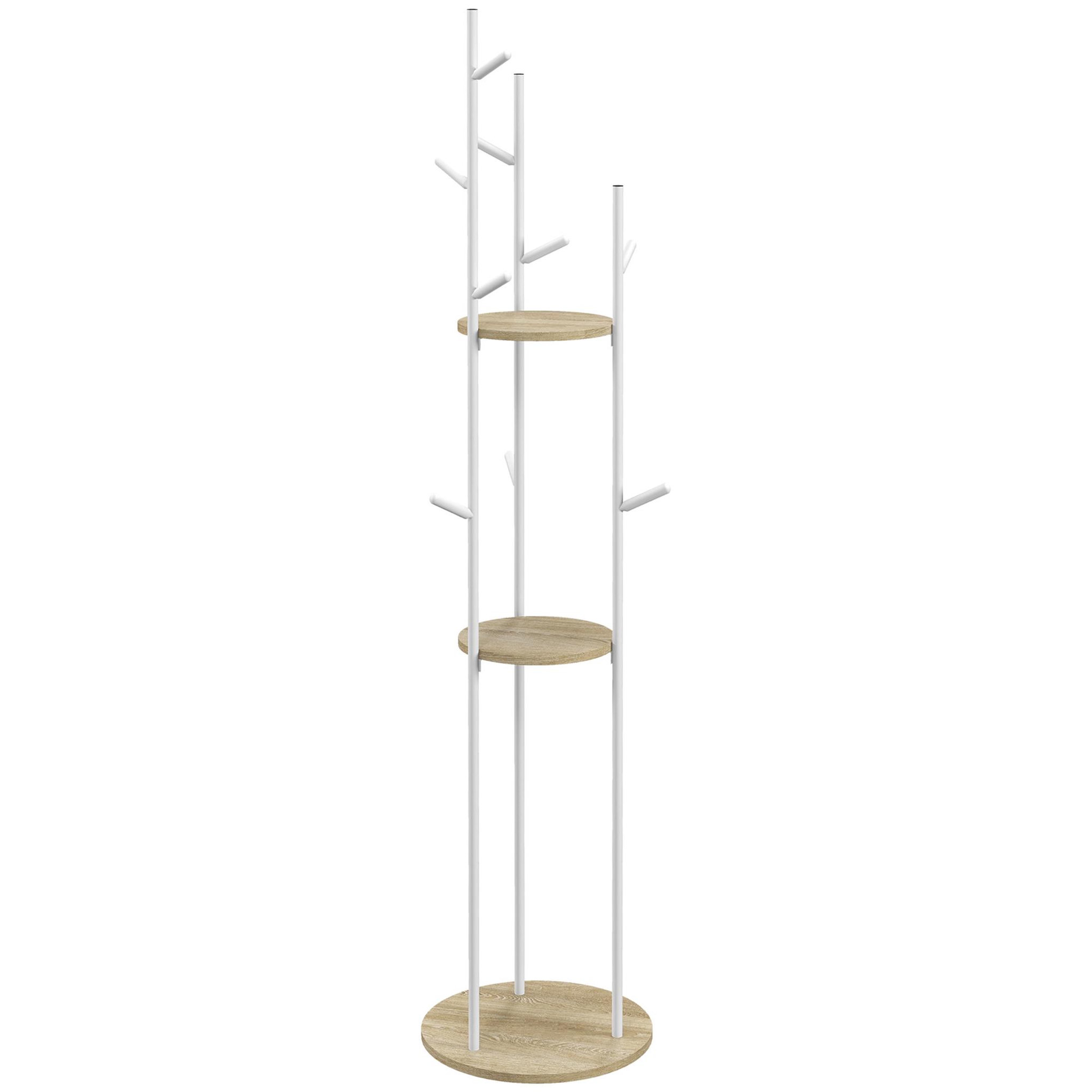 Voir la diapositive 1 : HOMCOM Porte-manteau design contemporain branches 2 étagères 9 patères Ø 40 x 167H cm aspect chêne clair acier blanc