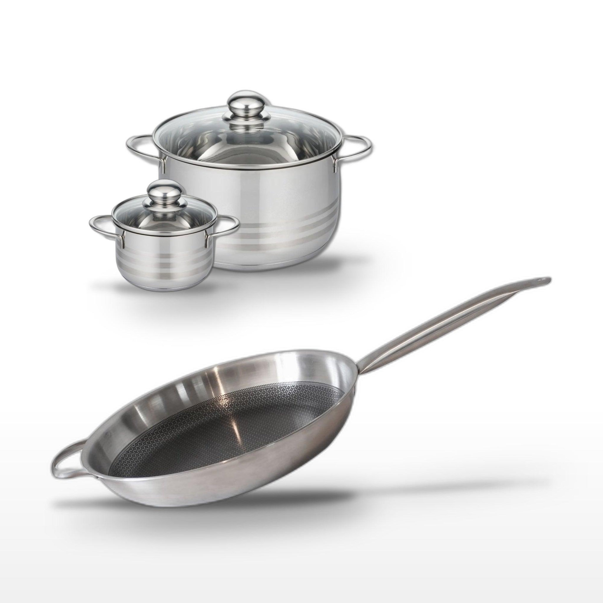 ELO Batterie de cuisine avec 1 poêle de cuisson 32 cm et 2 faitouts 12/24 cm en acier et inox sans pfas elo collection relief solution brillant