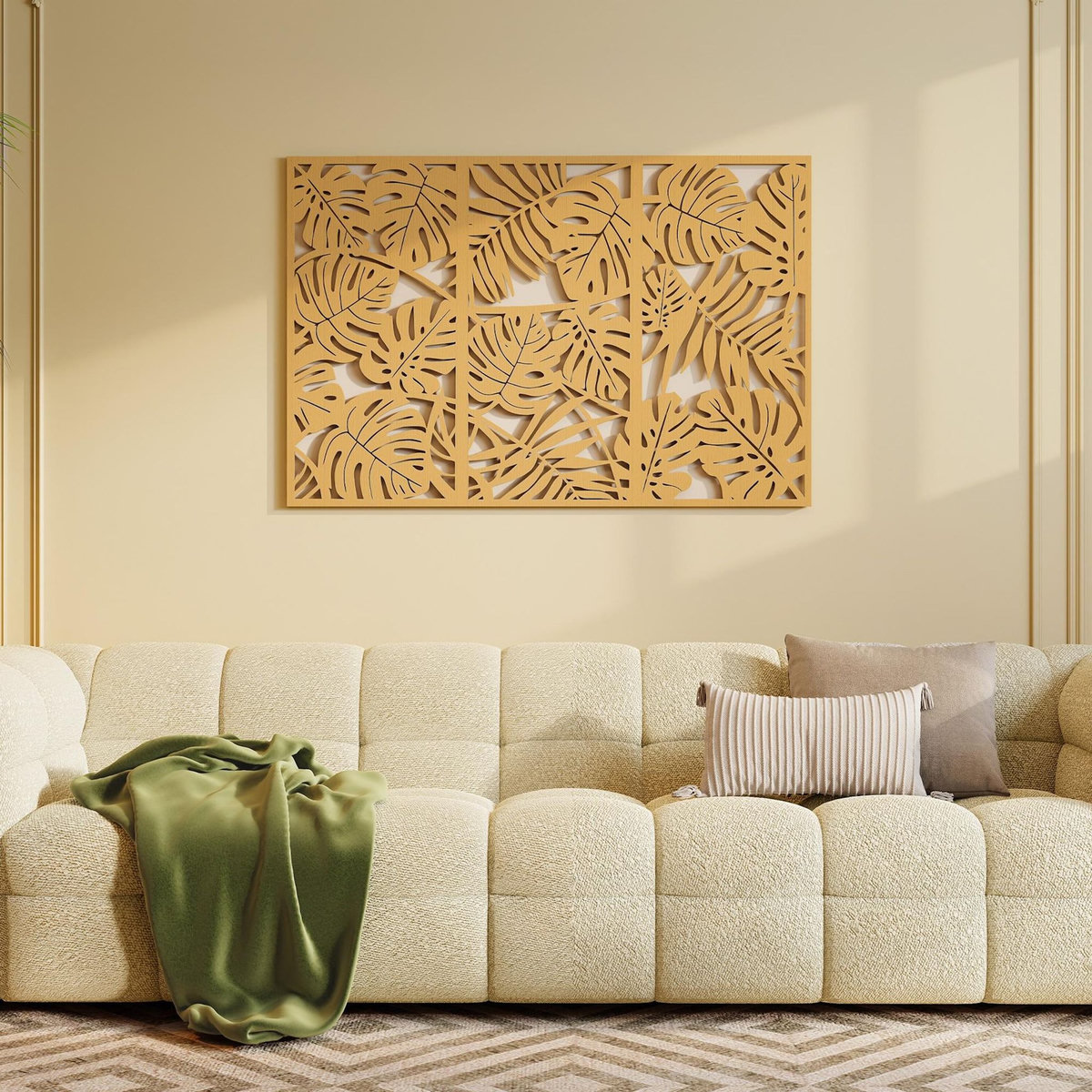 HOMCOM Déco murales feuilles exotiques - tableau triptyque - 40 x 80 cm - effet bois naturel