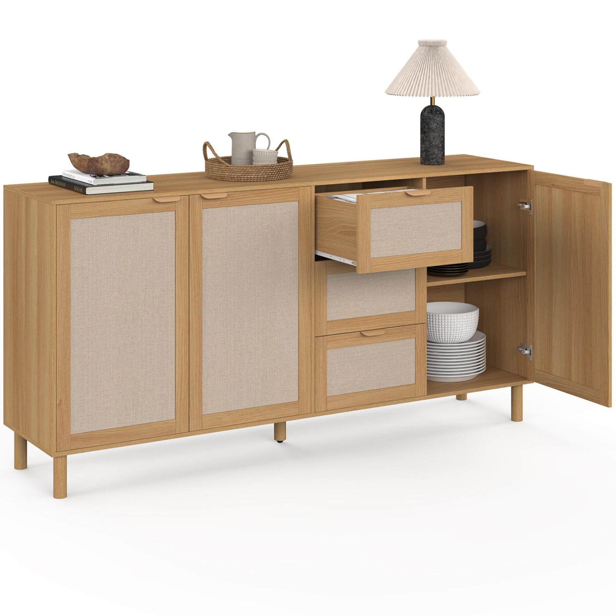 Voir la diapositive 4 : ID MARKET Buffet 160 cm ROBIN 4 portes avec 3 tiroirs meuble de rangement bois et tissu effet lin