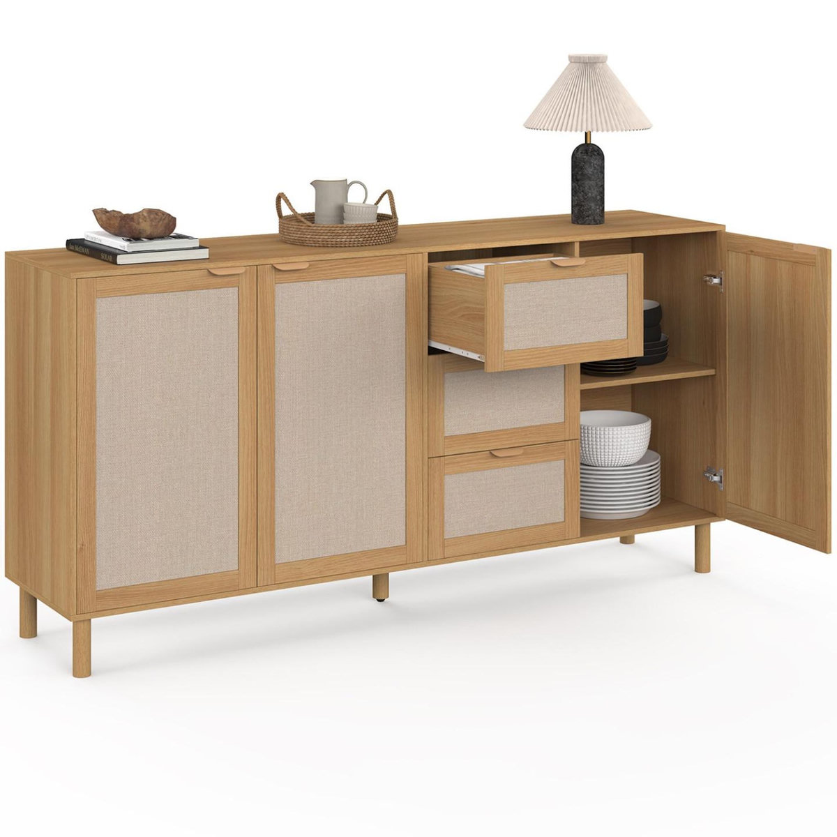 ID MARKET Buffet 160 cm ROBIN 4 portes bois et effet lin