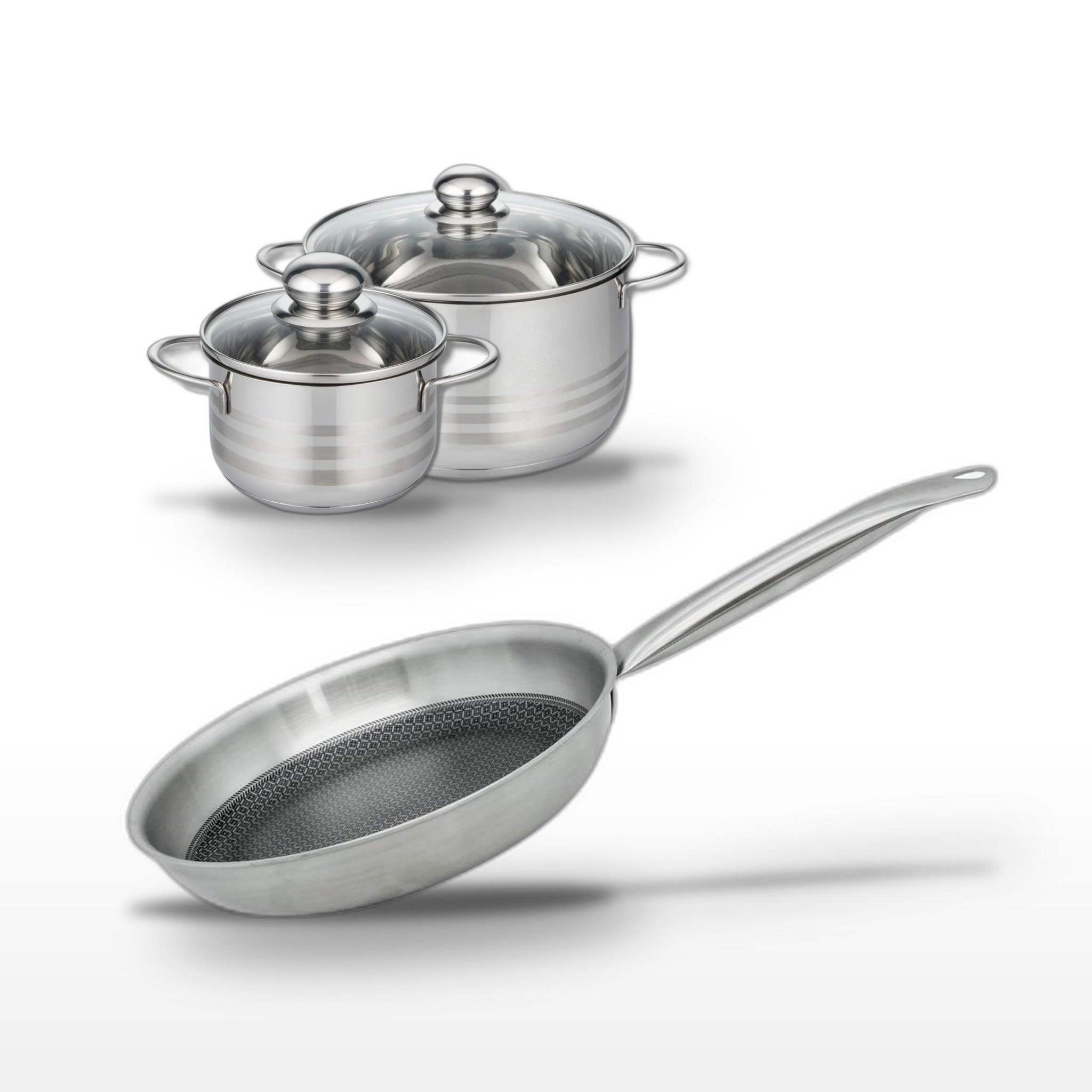 ELO Batterie de cuisine avec 1 poêle 28 cm et 2 faitouts 16/24 cm en inox sans pfas elo collection relief solution brillant