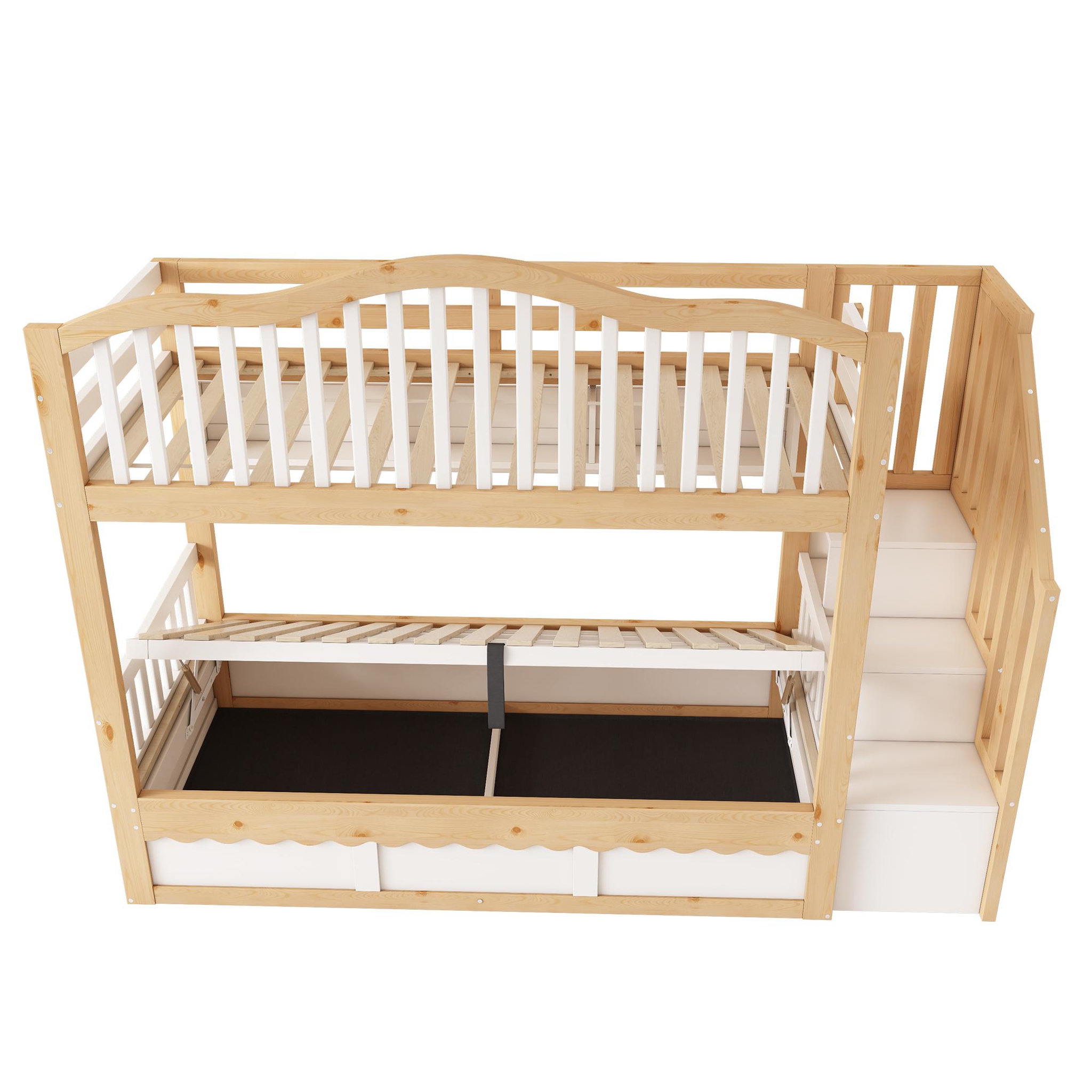 Voir la diapositive 6 : MERAX Lit superposé enfant 90x200 cm avec rangement hydraulique, escalier et étagères coloris blanc chêne