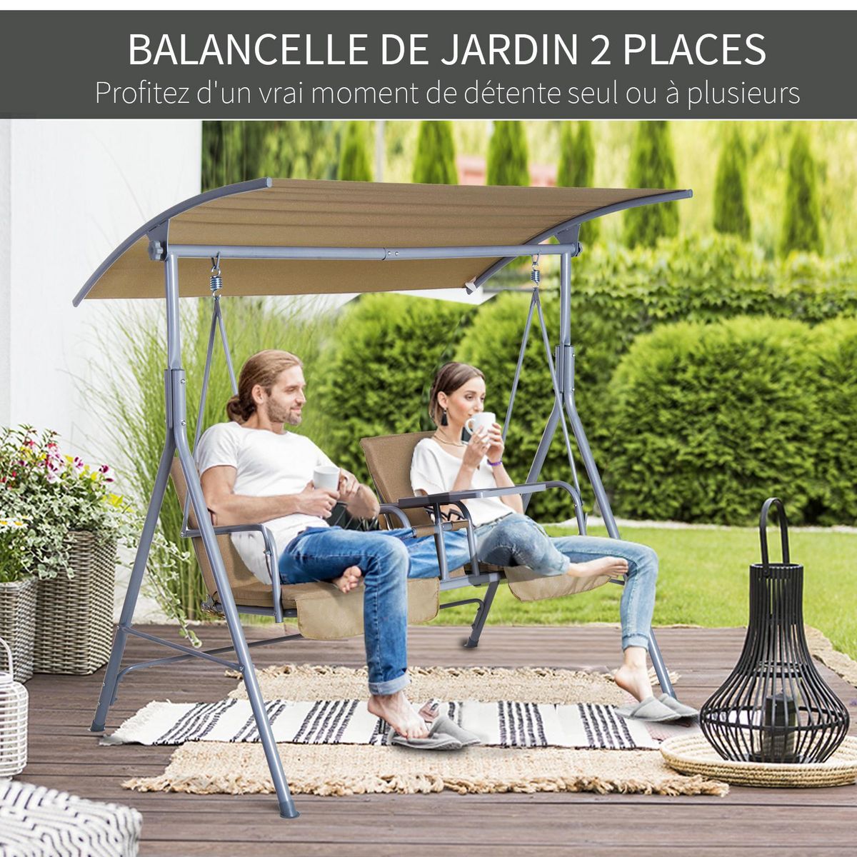 OUTSUNNY Balancelle design de jardin 2 places inclinaison toit réglable tablette rétractable rangement acier gris clair beige