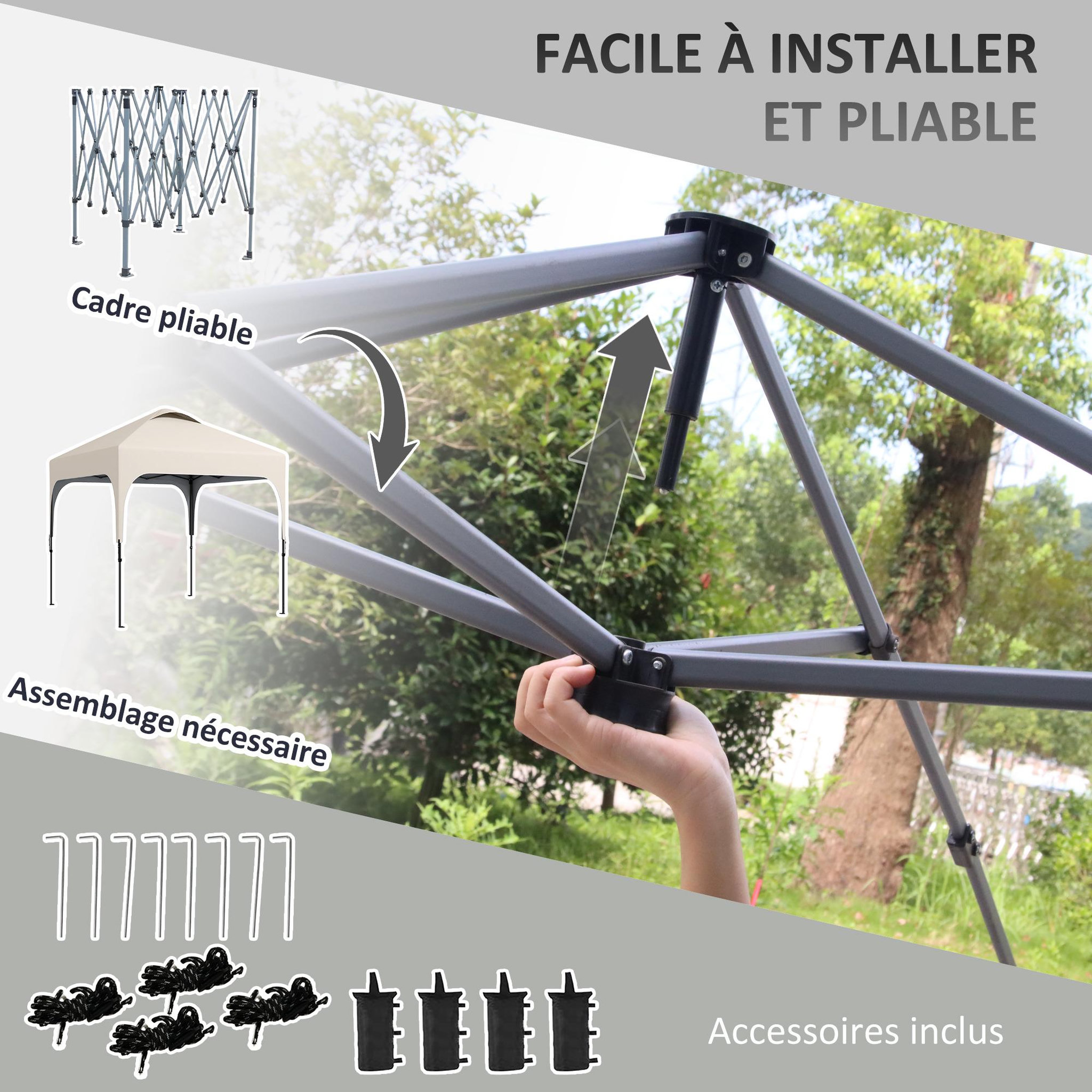 Voir la diapositive 4 : OUTSUNNY Tonnelle barnum automatique pop-up dim. 2,53L x 2,53l x 2,68H m hauteur réglable nombreux accessoires inclus acier oxford beige