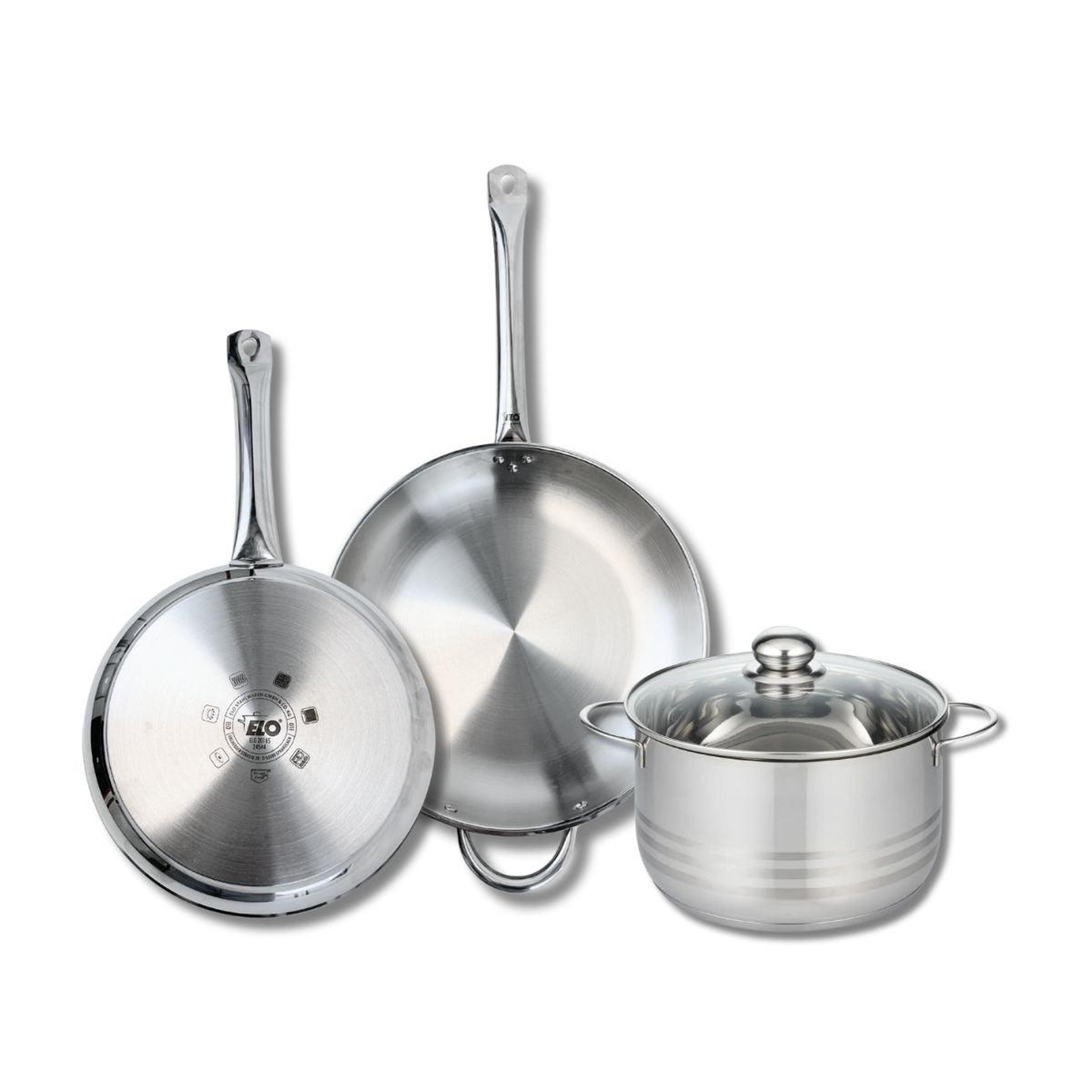ELO Ensemble de 2 poêles de cuisson 28 et 32 cm et 1 faitout 24 cm elo profi brillant