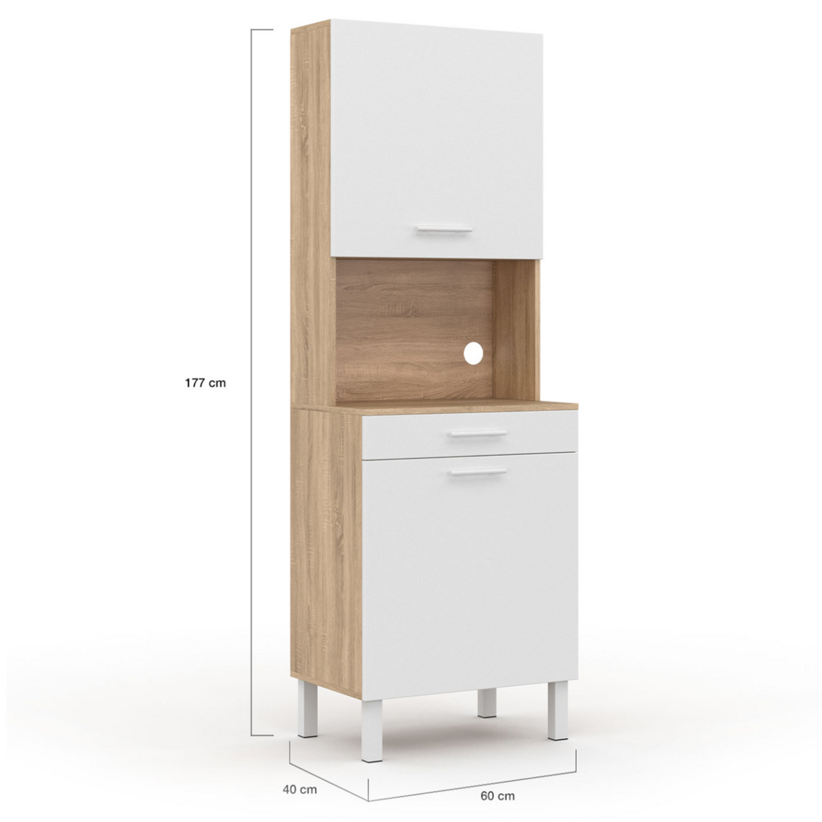 ID MARKET Buffet de cuisine 60 CM CINA 2 portes + tiroir façon hêtre et blanc