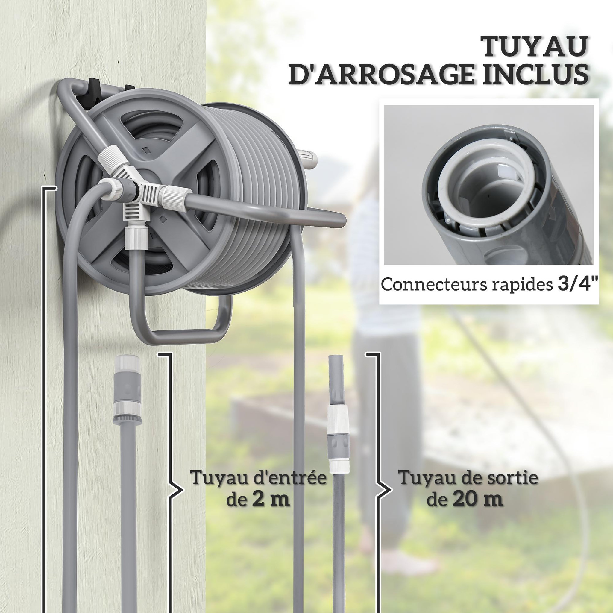 Voir la diapositive 4 : OUTSUNNY Dévidoir sur pied ou mural - enrouleur tuyau 20 + 2 m - lance arrosage réglable - support mural intégré - gris