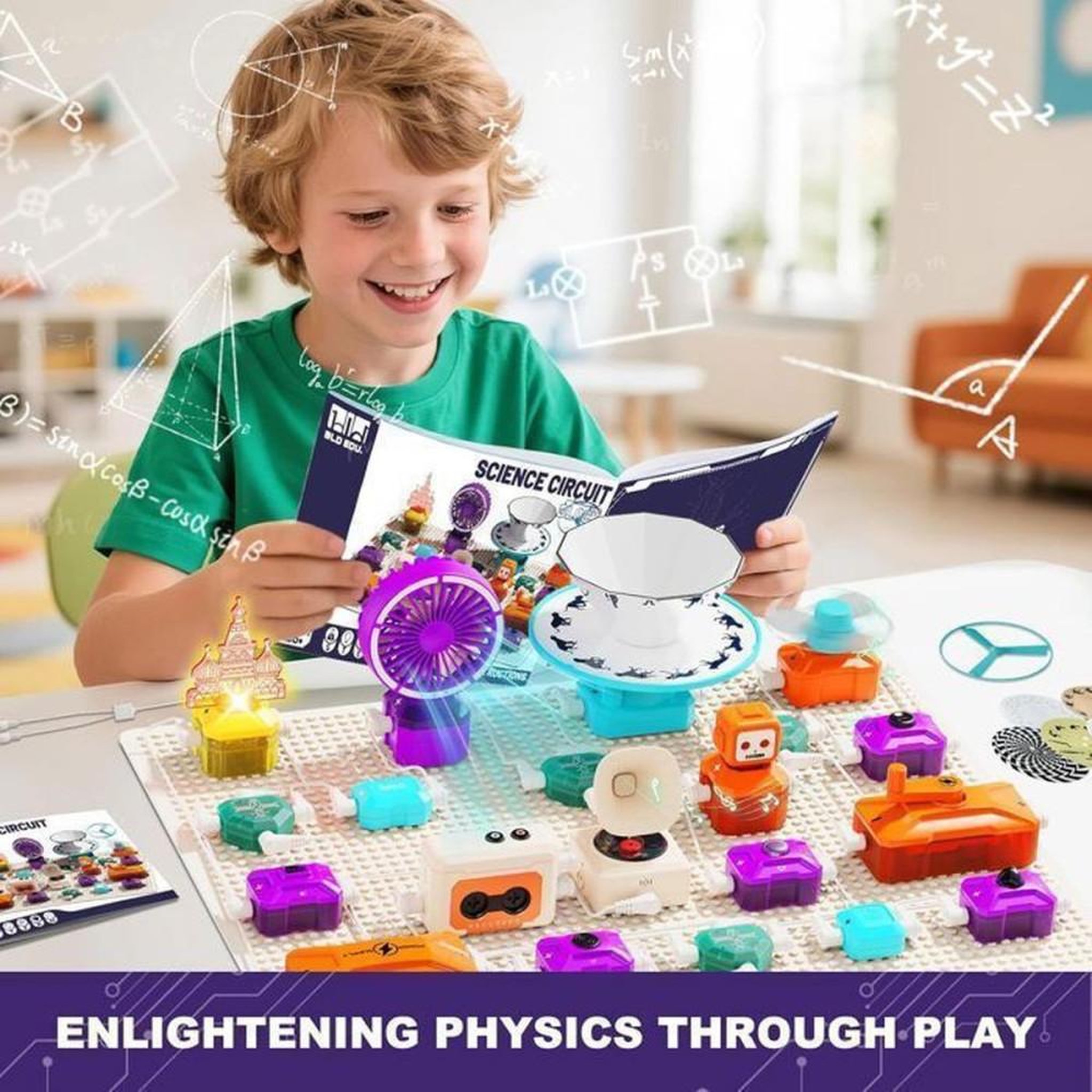 Voir la diapositive 3 : Kit STEM circuits électroniques 68 pièces avec 450+ projets, modules lumineux, ventilateur et effets d'images rotatives, dès 6 ans