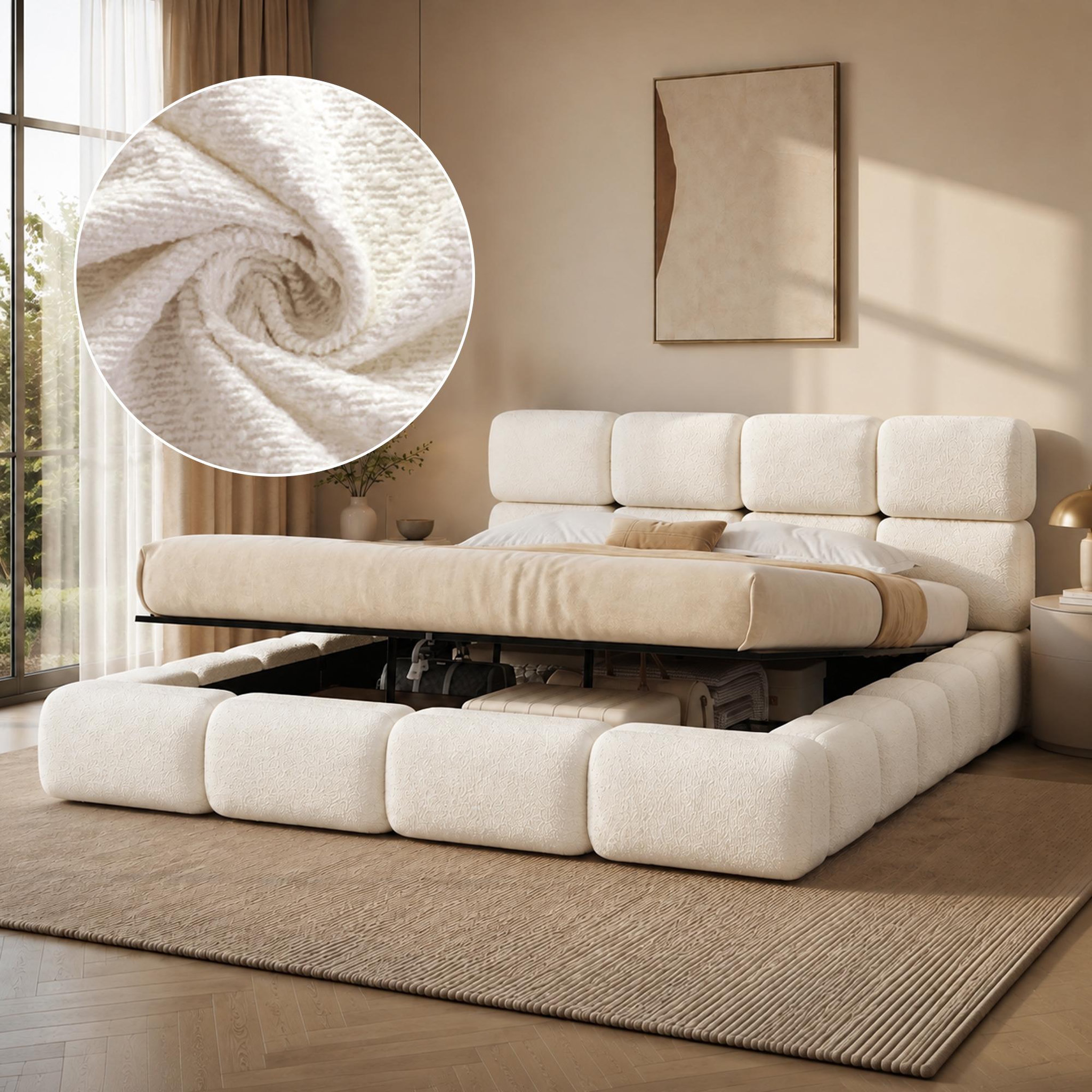 Voir la diapositive 2 : MERAX Lit coffre 200x200 cm double avec sommier tête de lit capitonnée bouclé blanc