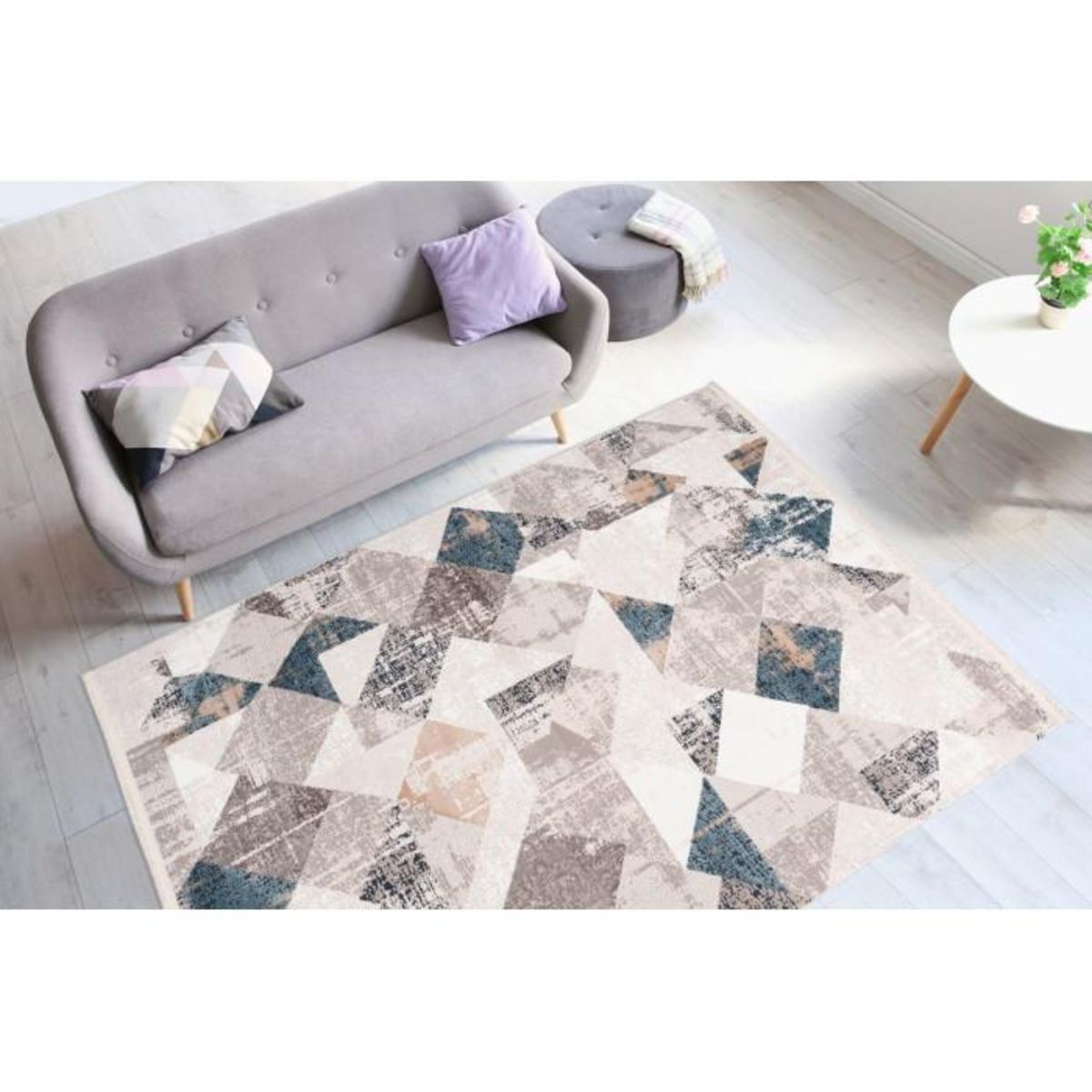 Paris Prix Tapis Géométrique à Franges  Akropolis II  Gris & Bleu