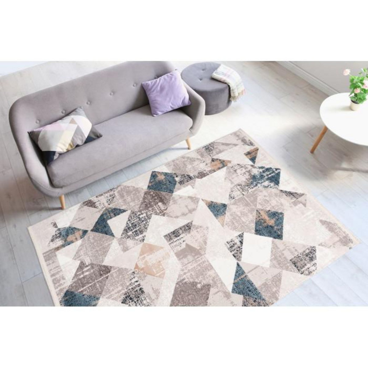 Paris Prix Tapis Géométrique à Franges  Akropolis II  Gris & Bleu