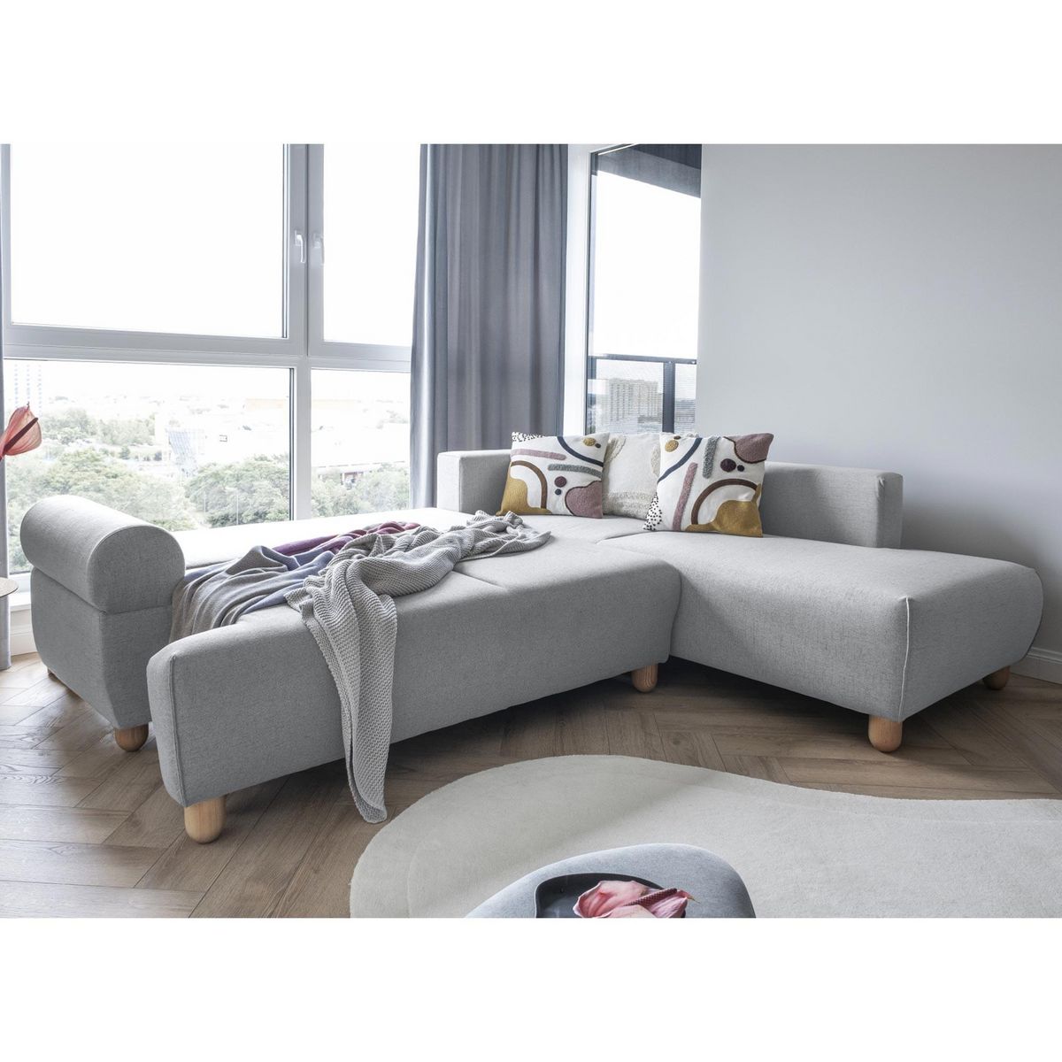 BEST MOBILIER Olli - canapé d'angle droit - convertible - avec coffre - 5 places - en tissu