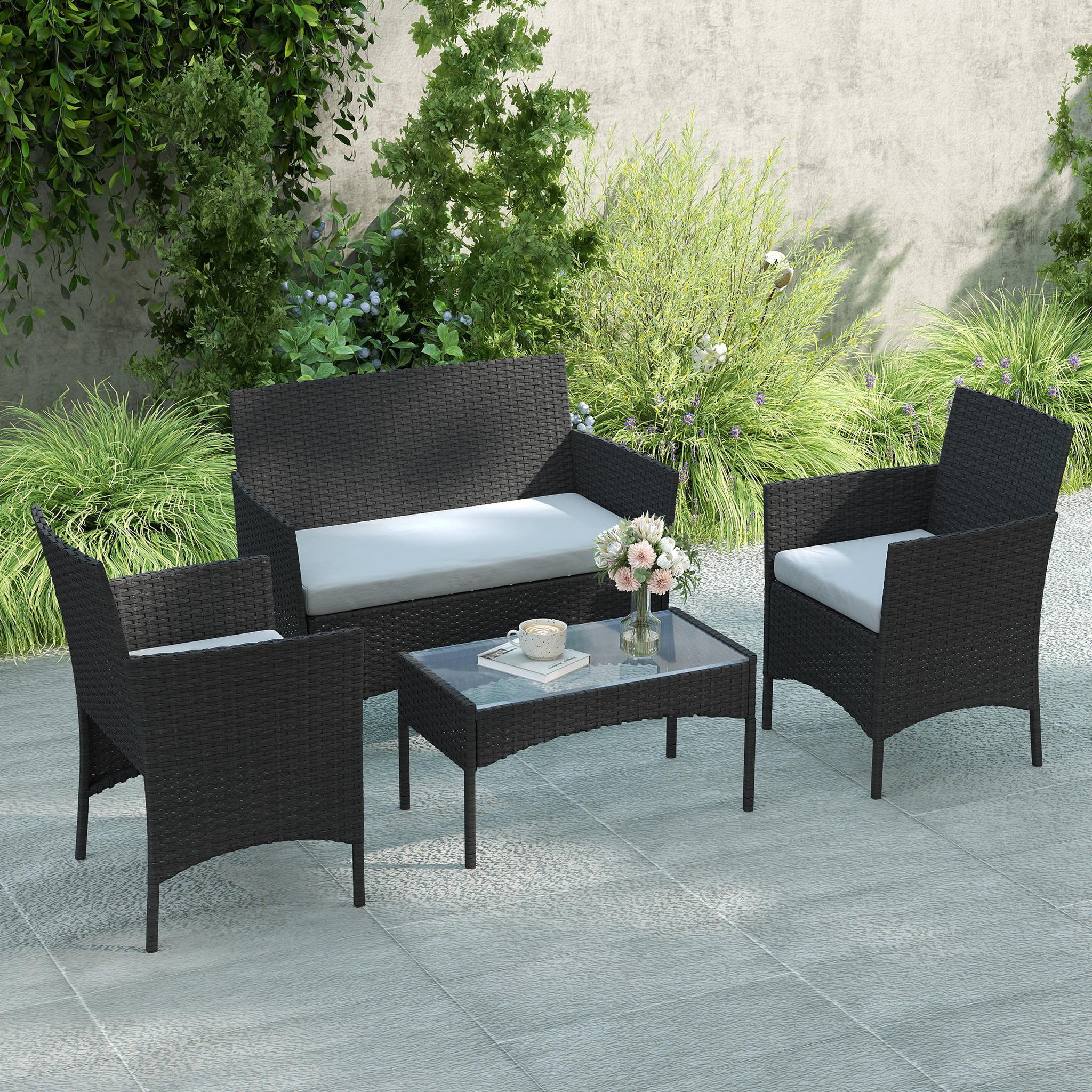 Voir la diapositive 2 : OUTSUNNY Ensemble salon de jardin 4 personnes 4 pièces résine tressée plateau verre trempé noir gris