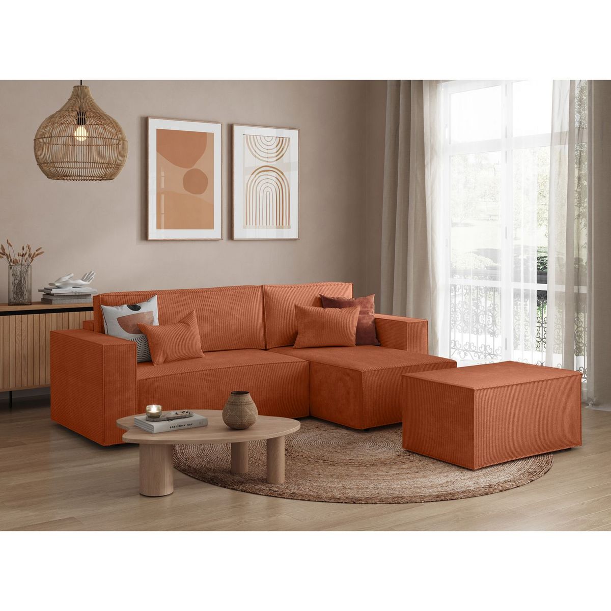 Canapé d'angle convertible réversible 3 places + 1  pouf velours côtelé  DAPHNE