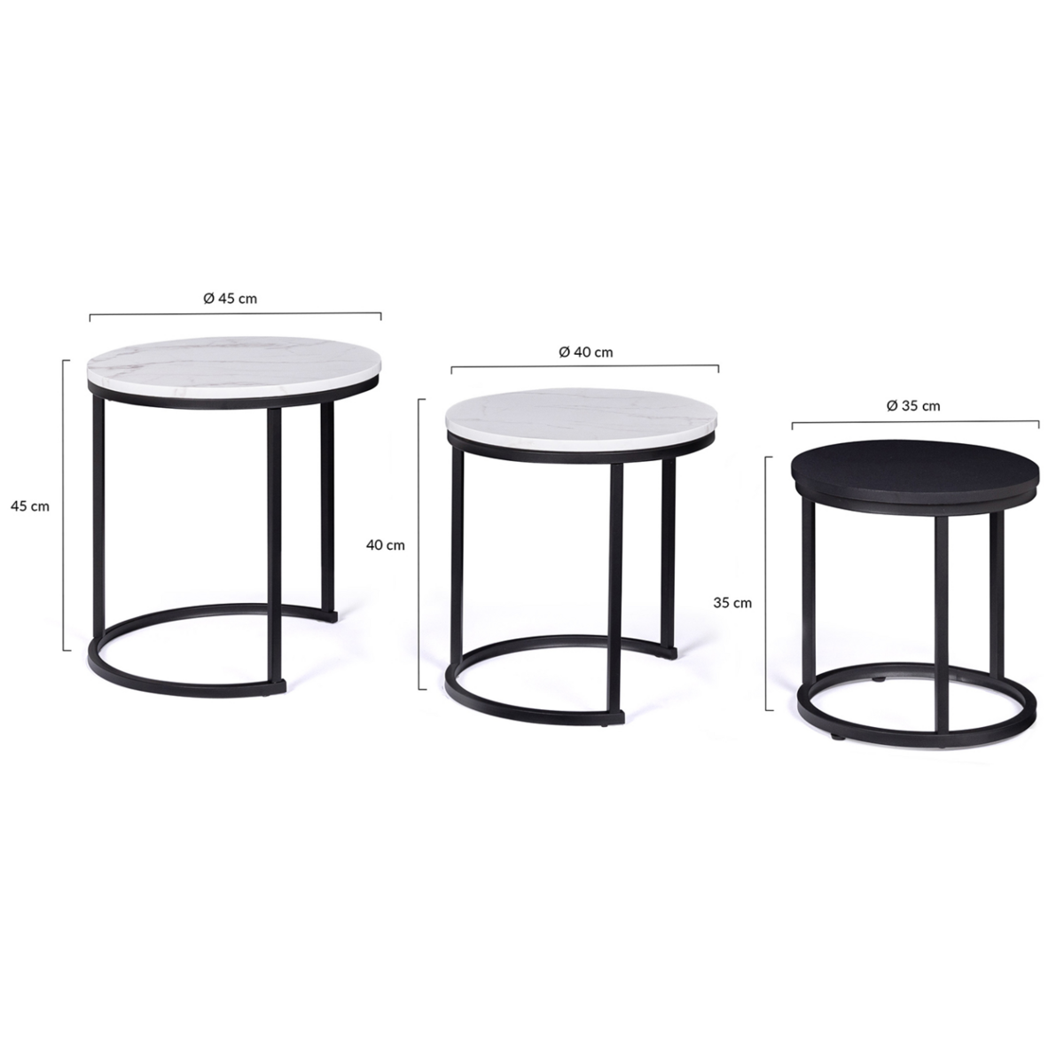 ID MARKET Lot de 3 tables basses gigognes ALASKA rondes 35/40/45 effet marbre et noir pieds métal