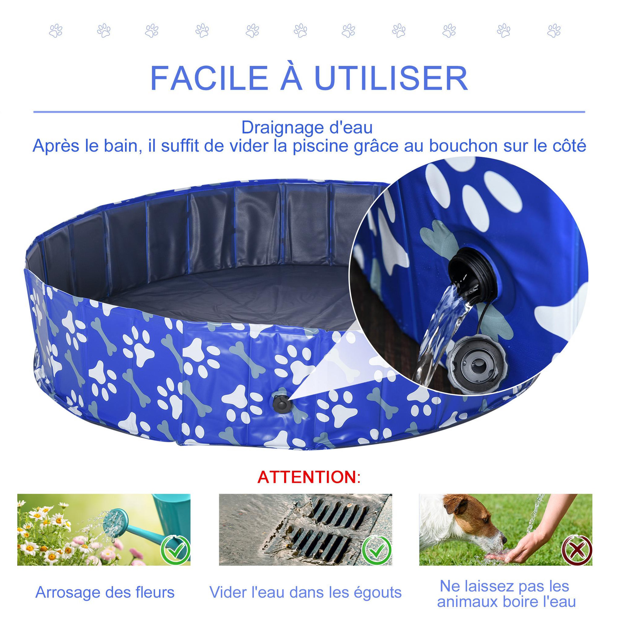 Voir la diapositive 5 : PAWHUT Piscine pour chien bassin PVC pliable anti-glissant facile à nettoyer Ø 1,4 m hauteur 30 cm motifs os pattes bleu