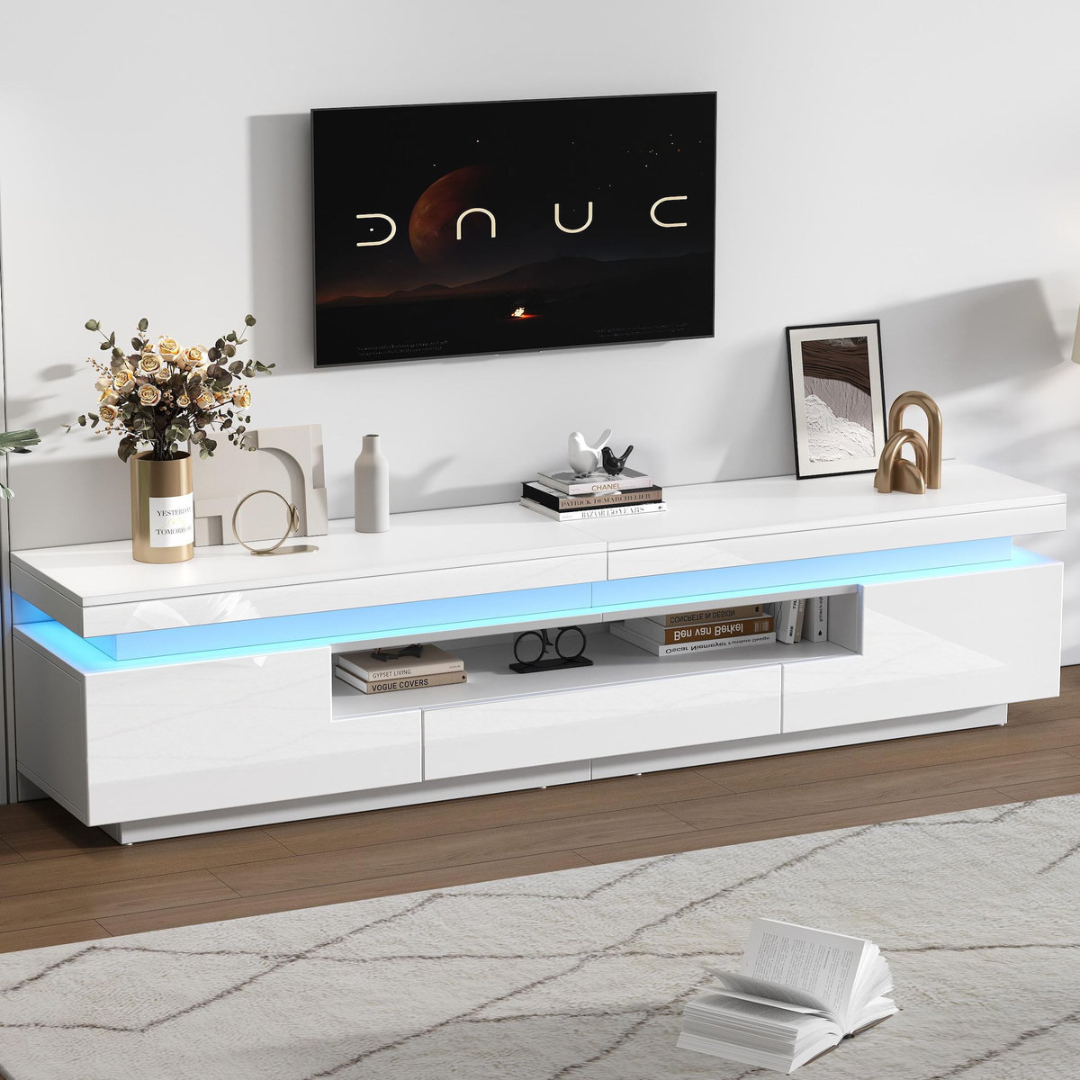 MERAX Meuble tv blanc 175 cm led panneau de particules