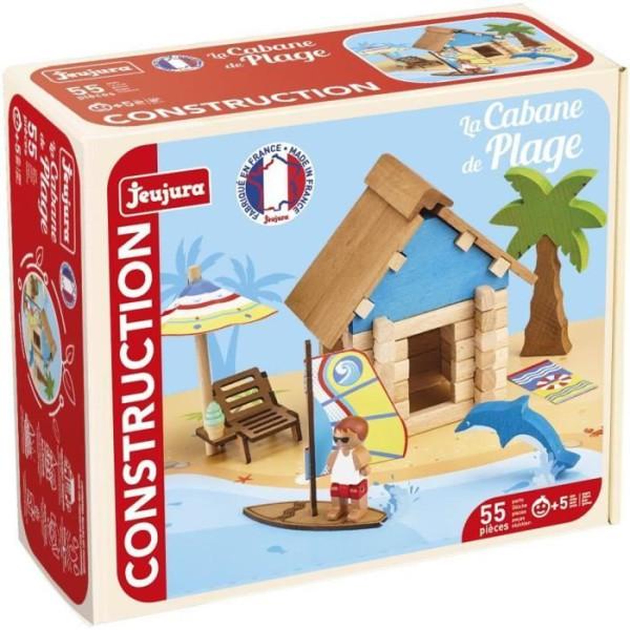 JeuJura La Cabane de Plage 55 Pieces - JEUJURA - Jeu de Construction en Bois Naturel, Tapis et Accessoires Inclus, 22x18,5x8,5 cm