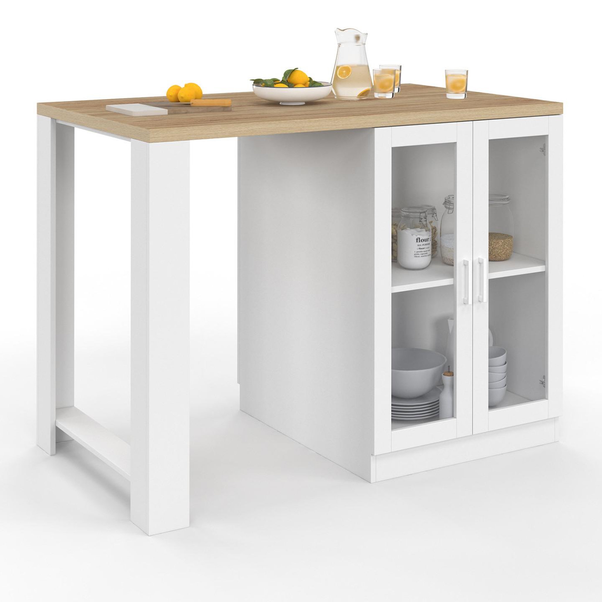 ID MARKET Ilot central lino 120 cm 2 personnes bois blanc et plan de travail façon hêtre et portes vitrées