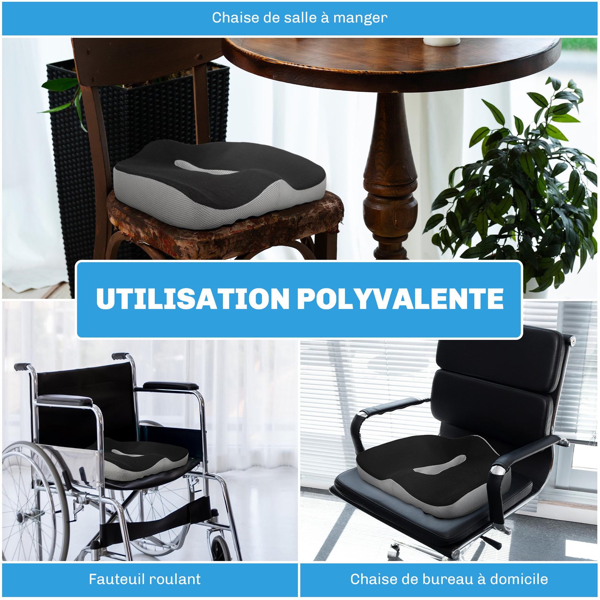 Voir la diapositive 4 : HOMCOM Coussin siège de chaise de bureau en mousse à mémoire de forme - coussin coccyx ergonomique - maille gris noir