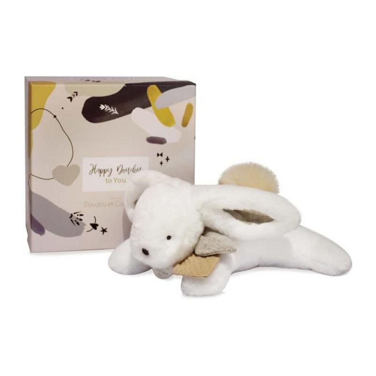 DOUDOU ET COMPAGNIE Doudou et Compagnie - Peluche Lapin -25 cm - Blanc/Sable - Lapin Pompon Naturel - Boite Cadeau - Happy Wild - Happy Doudou To Yo
