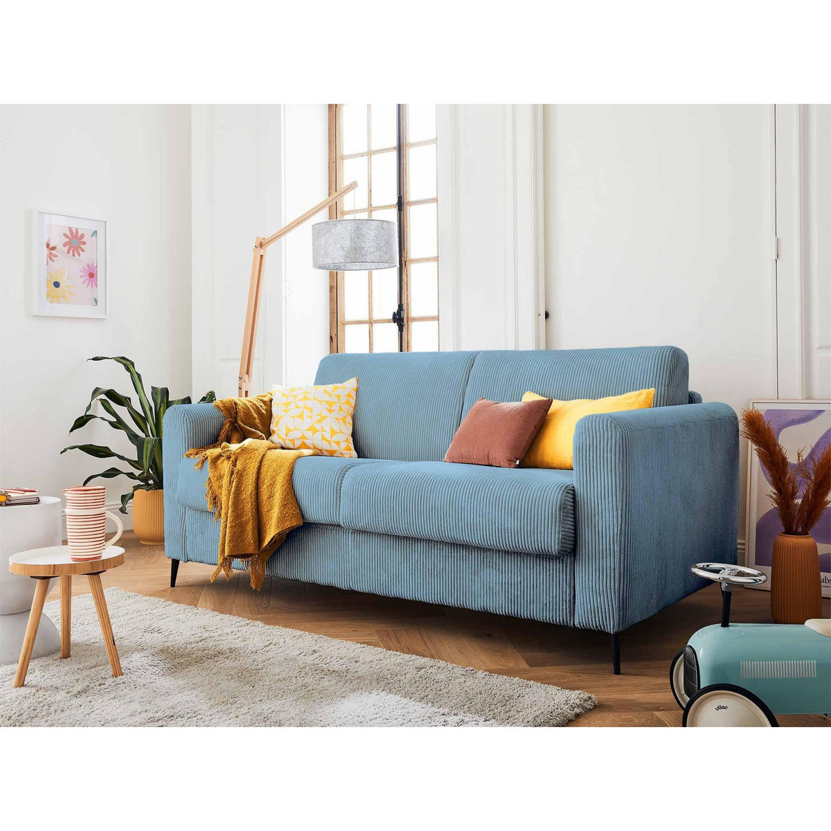 LISA DESIGN Owen - canapé 3 places convertible express couchage quotidien 140 cm matelas 12 cm en velours côtelé