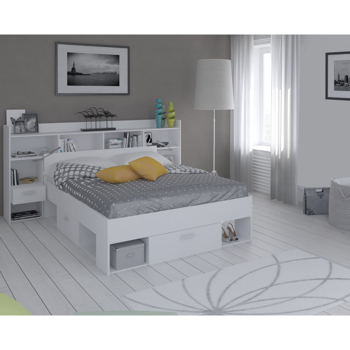 Lit+tête de lit avec rangements LIMA, couchage 140x190/200cm