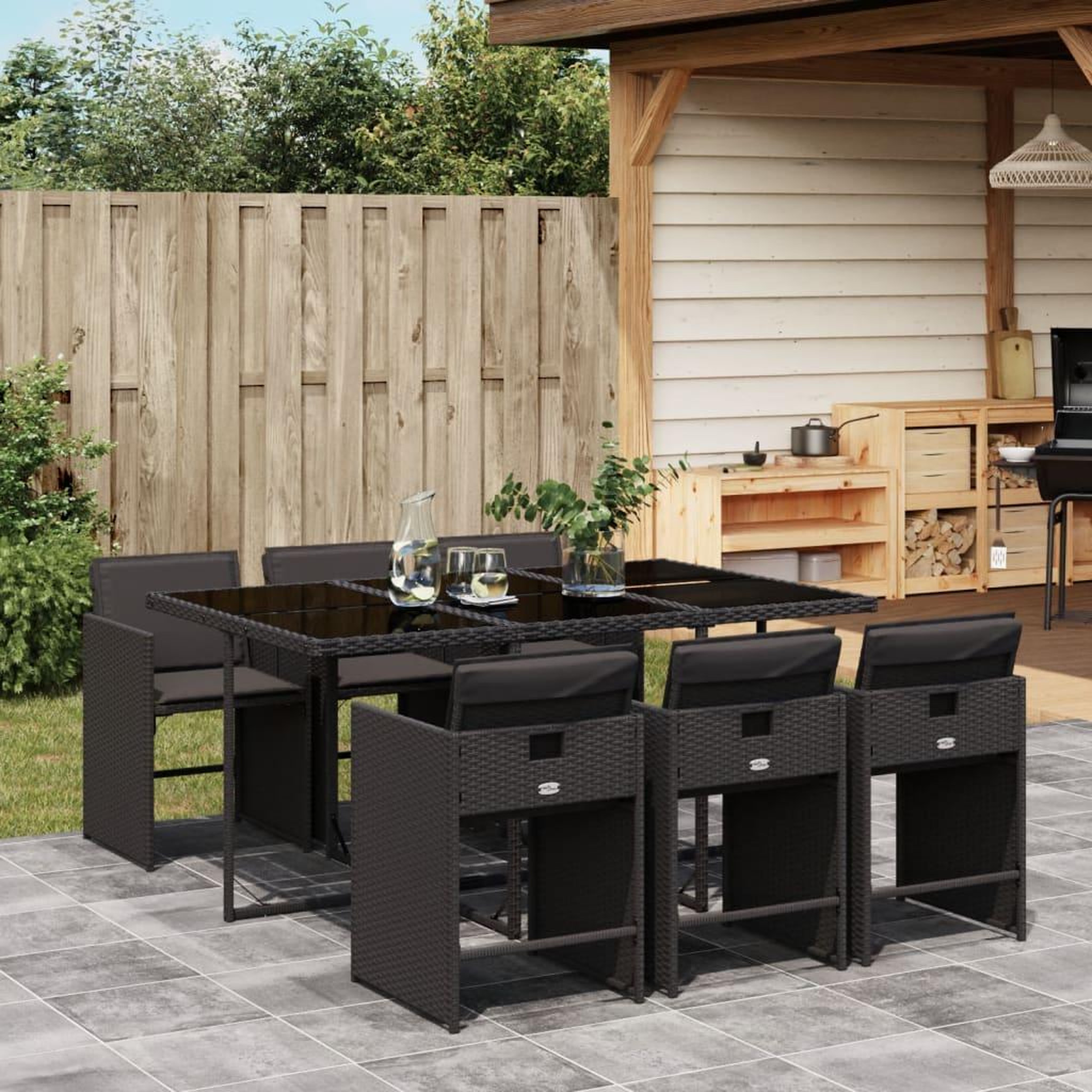 VIDAXL Ensemble a manger de jardin coussins 7pcs Noir Resine tressee