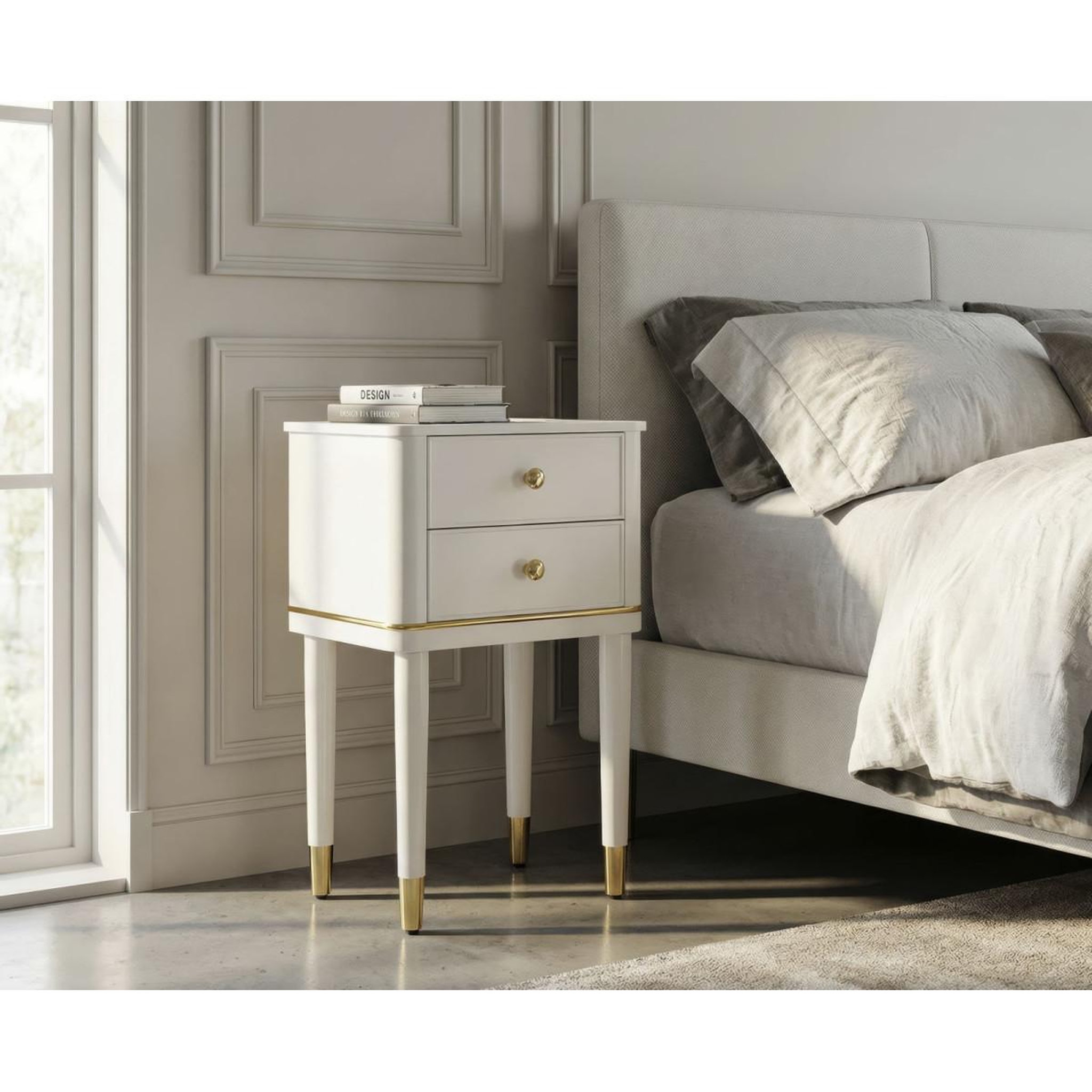 Voir la diapositive 6 : Paris Prix Table de Chevet 2 Tiroirs  Camille  71cm Blanc & Or