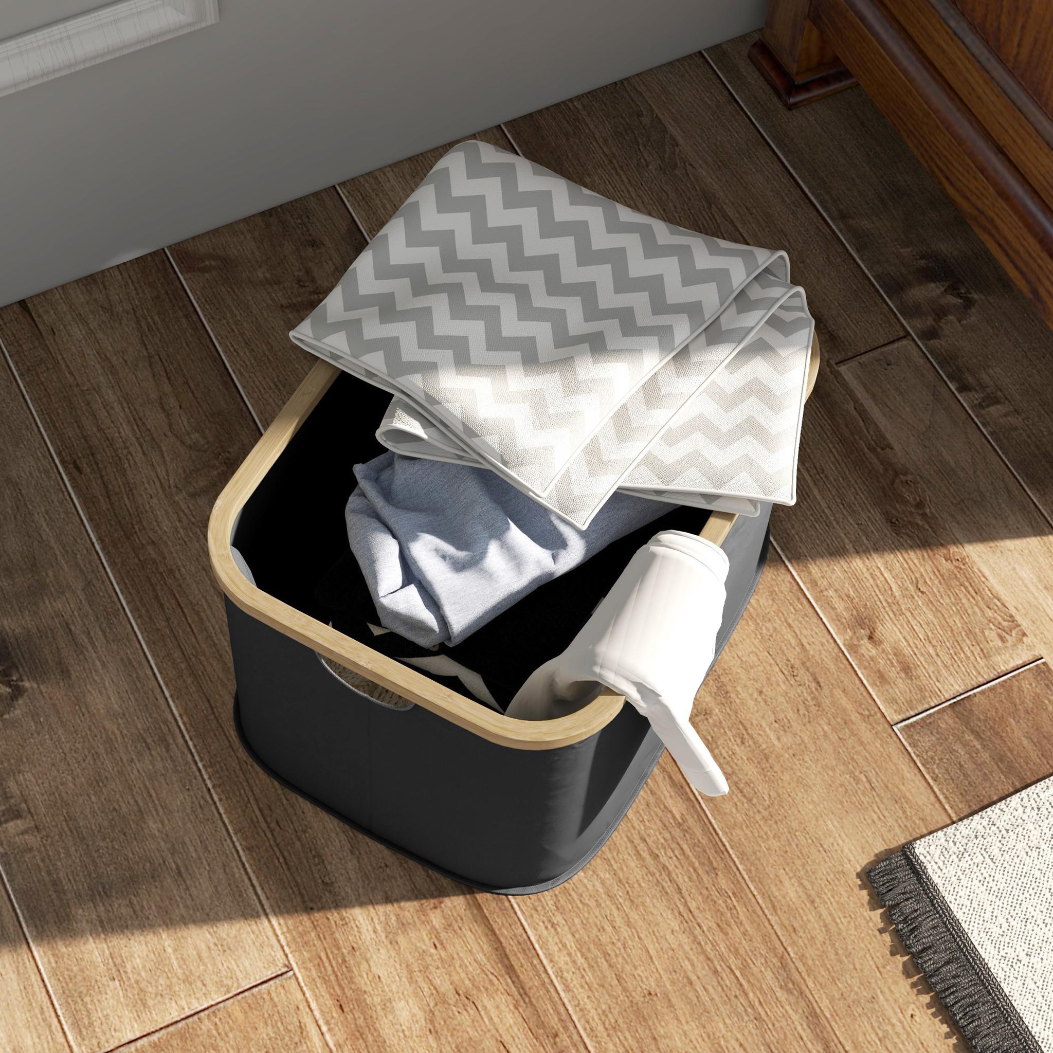 Voir la diapositive 6 : HOMCOM Panier à linge pliable 36l - corbeille à linge sale avec poignées - non tissé noir bambou