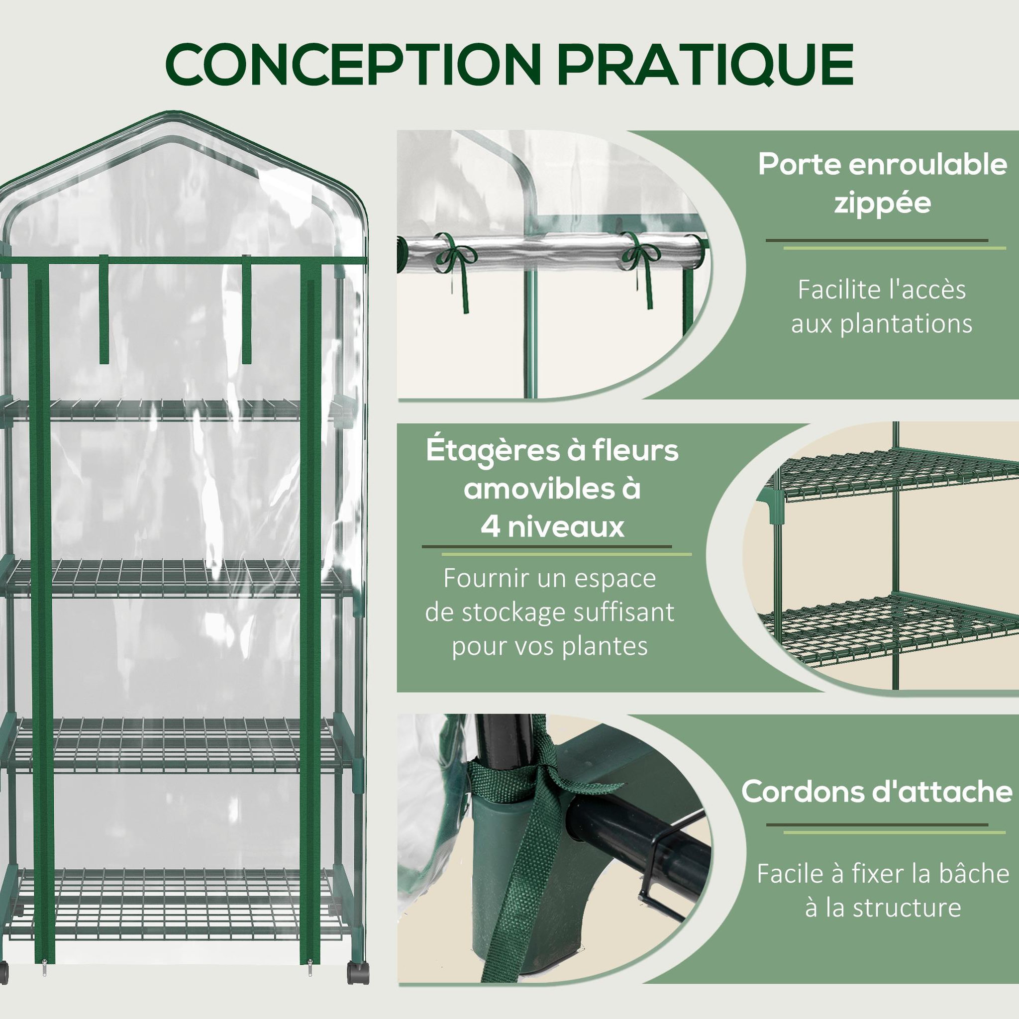 Voir la diapositive 5 : OUTSUNNY Serre de jardin balcon sur roulettes 4 étagères dim. 0,69l x 0,5l x 1,65h m acier thermolaqué bâche pvc porte zippée transparente