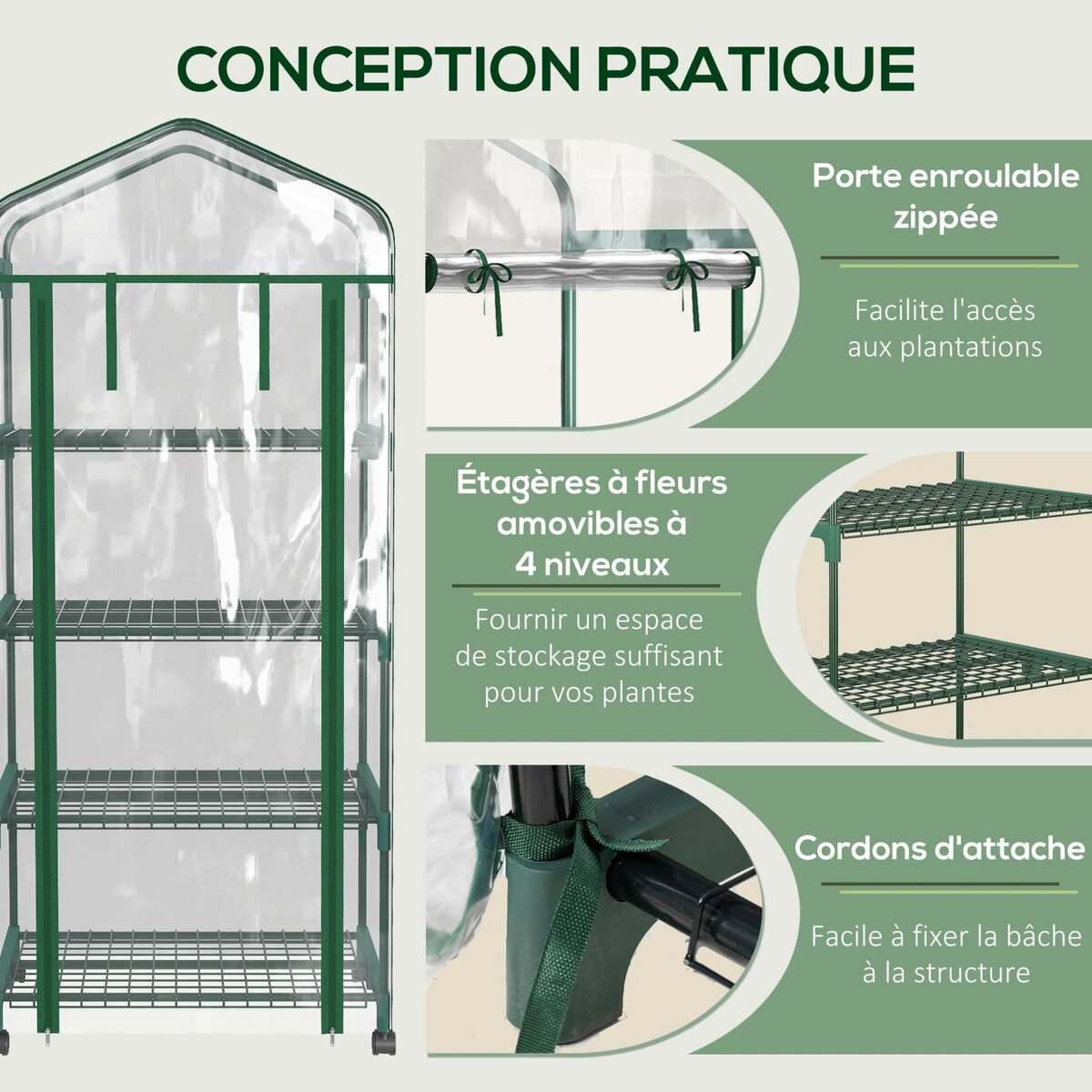 OUTSUNNY Serre de jardin balcon sur roulettes 4 étagères dim. 0,69L x 0,5l x 1,65H m acier thermolaqué bâche PVC porte zippée transparente