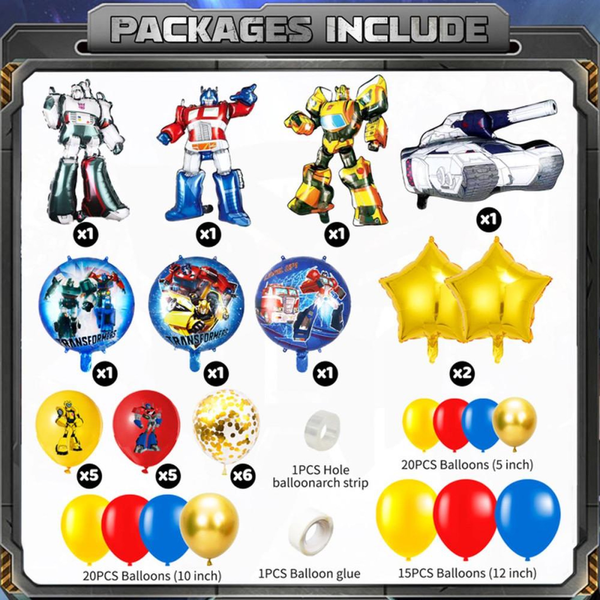 Voir la diapositive 2 : Décoration ballons Transformers : coffret avec 3 ballons personnages aluminium, 3 ballons aluminium ronds, 2 ballons étoiles et 55 ballons latex pour anniversaire enfant