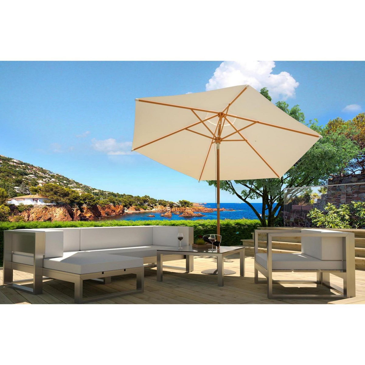 CONCEPT USINE Parasol droit et inclinable en bois diamètre 3m écru Cancun