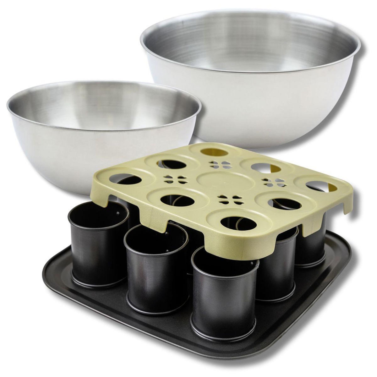 ZENKER Set pâtisserie moule à gâteaux individuels 9 empreintes avec couvercle, 2 bols à mixer et 1 spatule Zenker