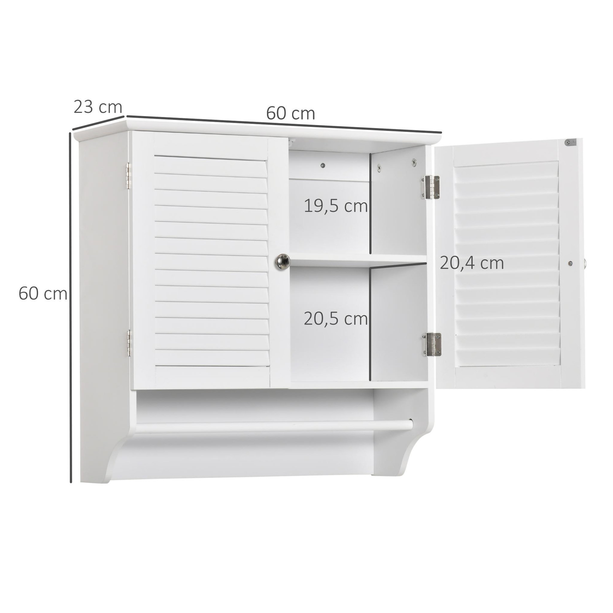 Voir la diapositive 3 : KLEANKIN Armoire haute murale salle de bain ou wc - placard 2 portes persiennes avec étagère - porte-serviette - mdf blanc