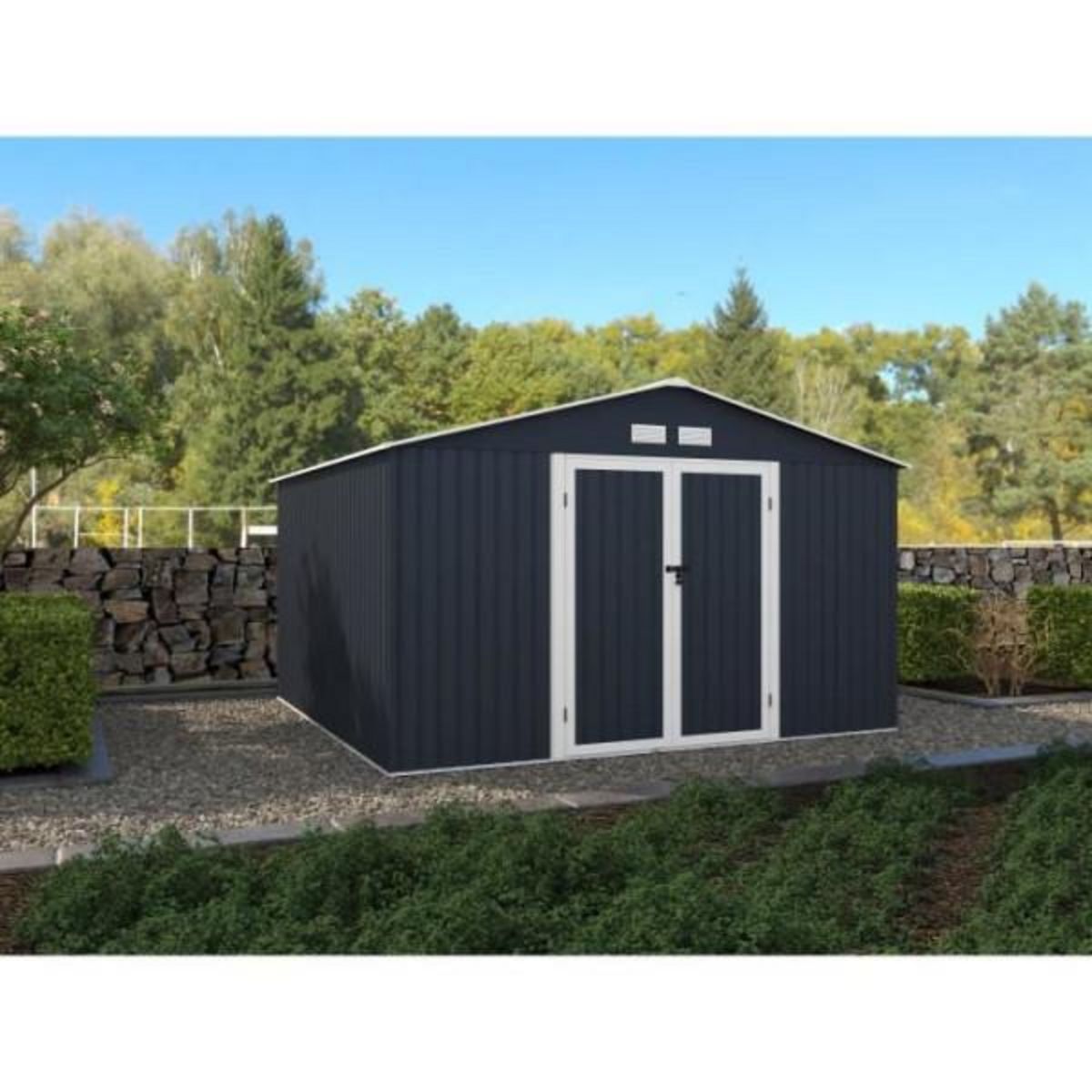 MARKET24 LUNEX Abri de jardin en métal 10,85 m2 - 340 x 319 x 210 - Kit d'ancrage inclus, 2 portes battantes - Gris
