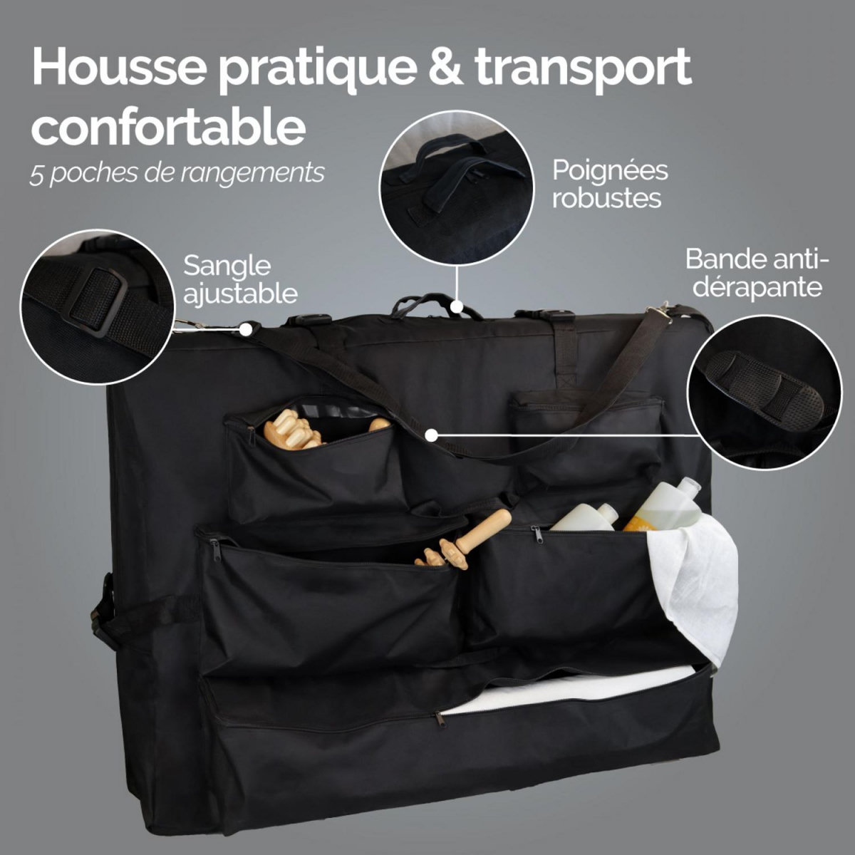 VIVEZEN Housse de transport pour table de massage avec rangements - Noir