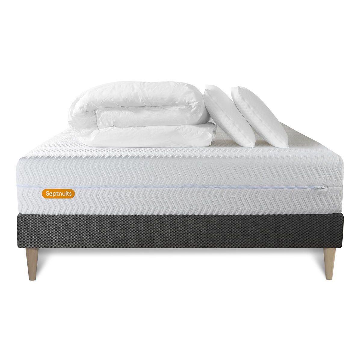 SEPTNUITS PACK Matelas + sommier kit gris Memo Bio Mousse à mémoire de forme Maxi épaisseur + Couette + 2 oreillers