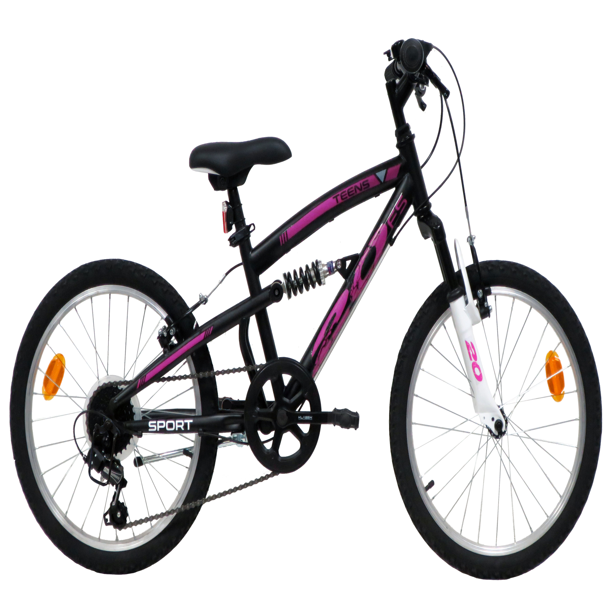 Vélo enfant - VTT 20'' Tout Suspendu Fille   Teens    pour enfant de 120 à 140 cm - Cadre acier suspendu - Fourche télescopique - 6 Vitesses  - Dérailleur Shimano TY21 -  Béquille  & Frein V-Brake + Jantes en aluminium
