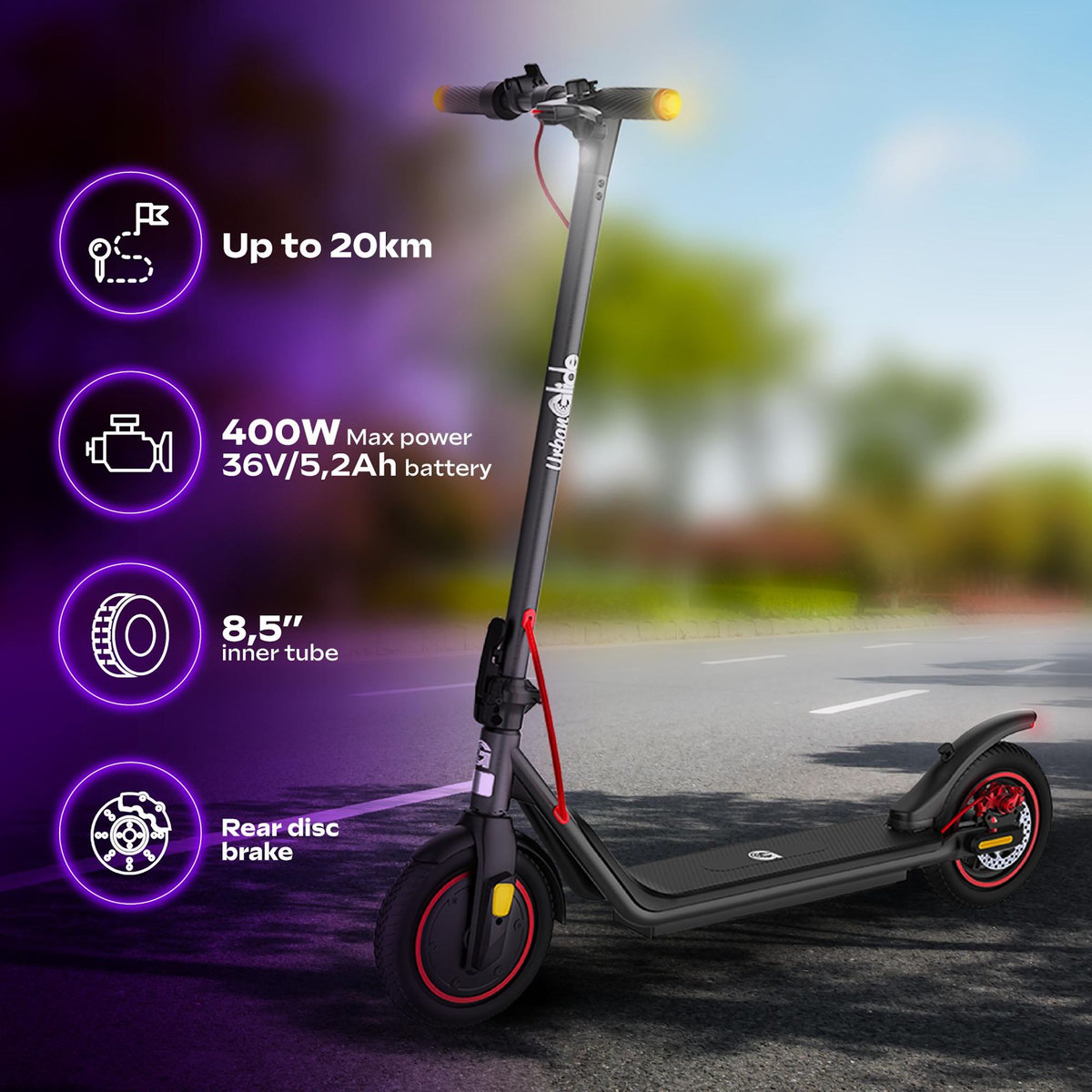 URBANGLIDE Trottinette Électrique Adulte  UrbanGlide 85 Lite –  Moteur 1100W -  Autonomie Jusqu'a 20 km - Pneu 8,5  Gonflable - Batterie 48V/5,2Ah - Poids 15Kg